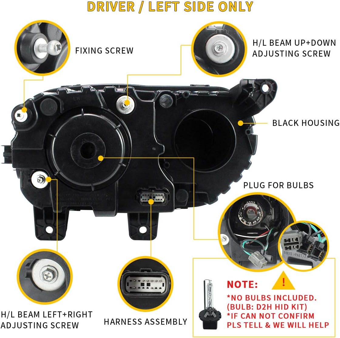 YUANZHENG LED Projector Driver Side Headlights Assembly Compatiable for [Dodge Challenger SRT Hellcat Coupe 3rd gen 2015 2016 2017 2018 SE RT] with Dual Beam Lens DRLs, Left/Driver Side