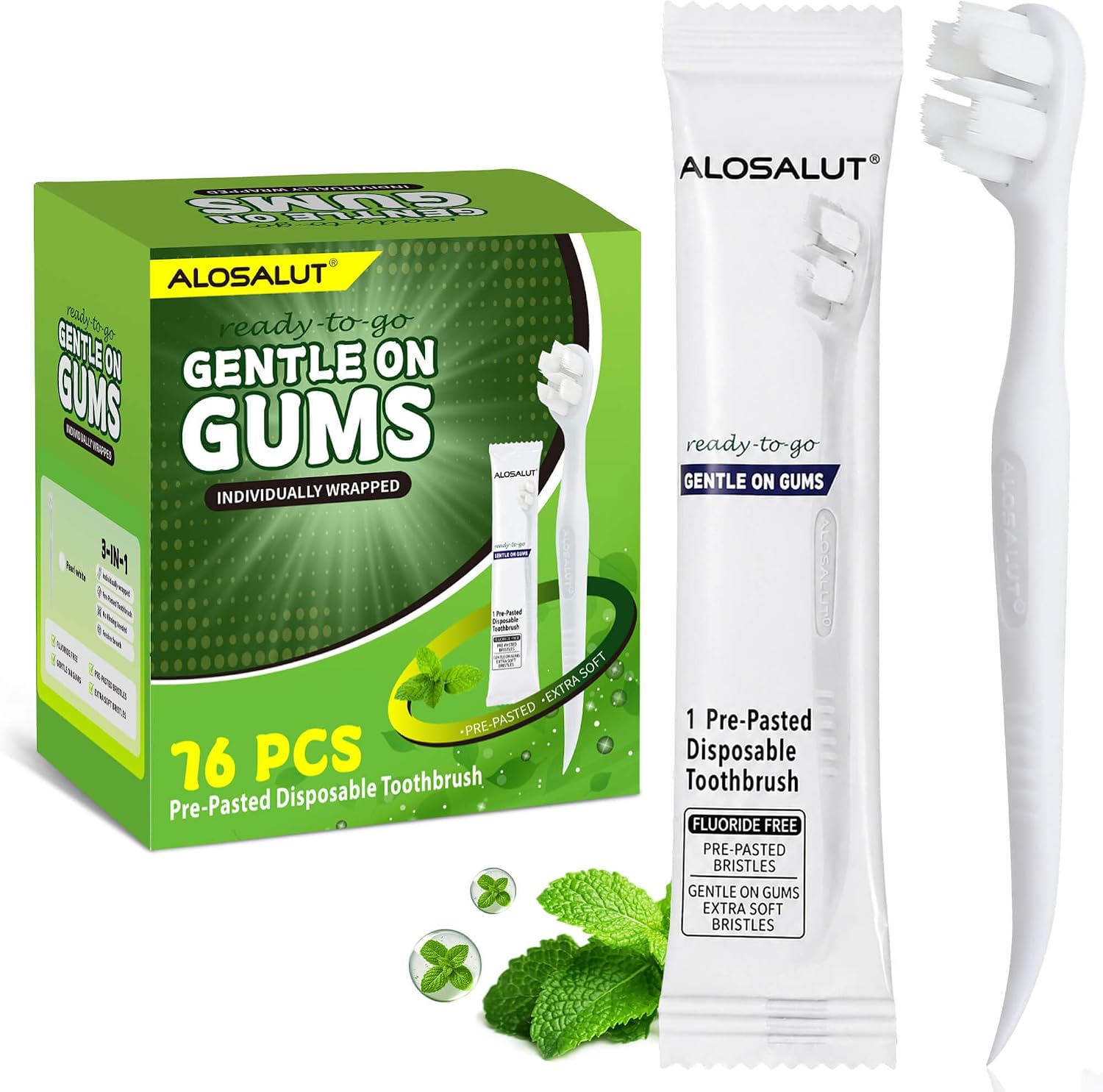 76 Pack Pre-Pasted Disposable Toothbrushes – Individually Wrapped Mini Travel Toothbrush -Ultra Soft Bristles Mint Fresh No Water Needed - 3-in-1 with Floss Pick & Tongue Cleaner Eco-Friendly