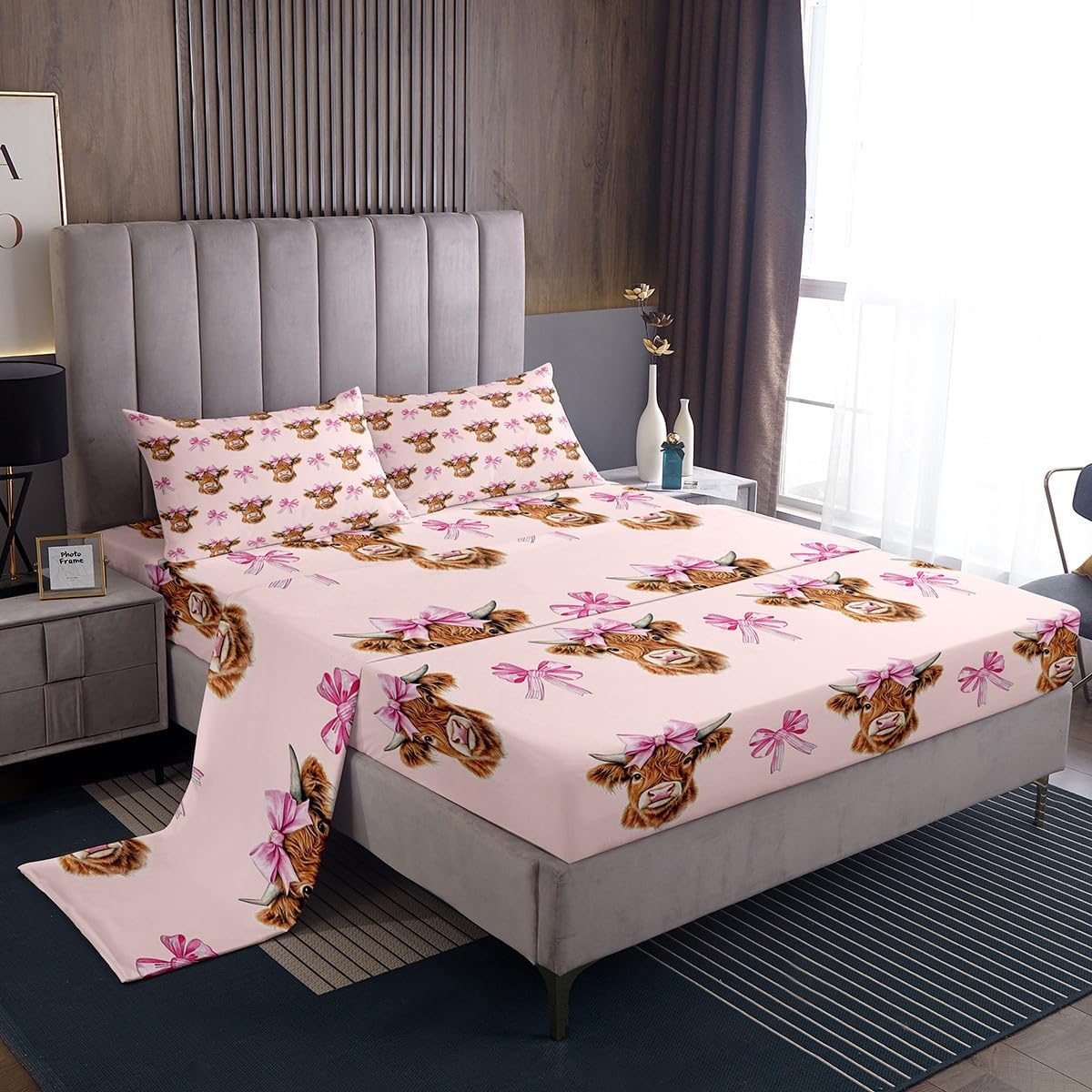 Feelyou Cute Highland Cow Sheet Set Full Size Pink Bowknot Bed Sheets for Kids Adult Boys Girls Farm Animal Bed Set Pink Style Sheets 4Pcs,1 Fitted Sheet+2 Pillow Sham+1 Flat Sheet