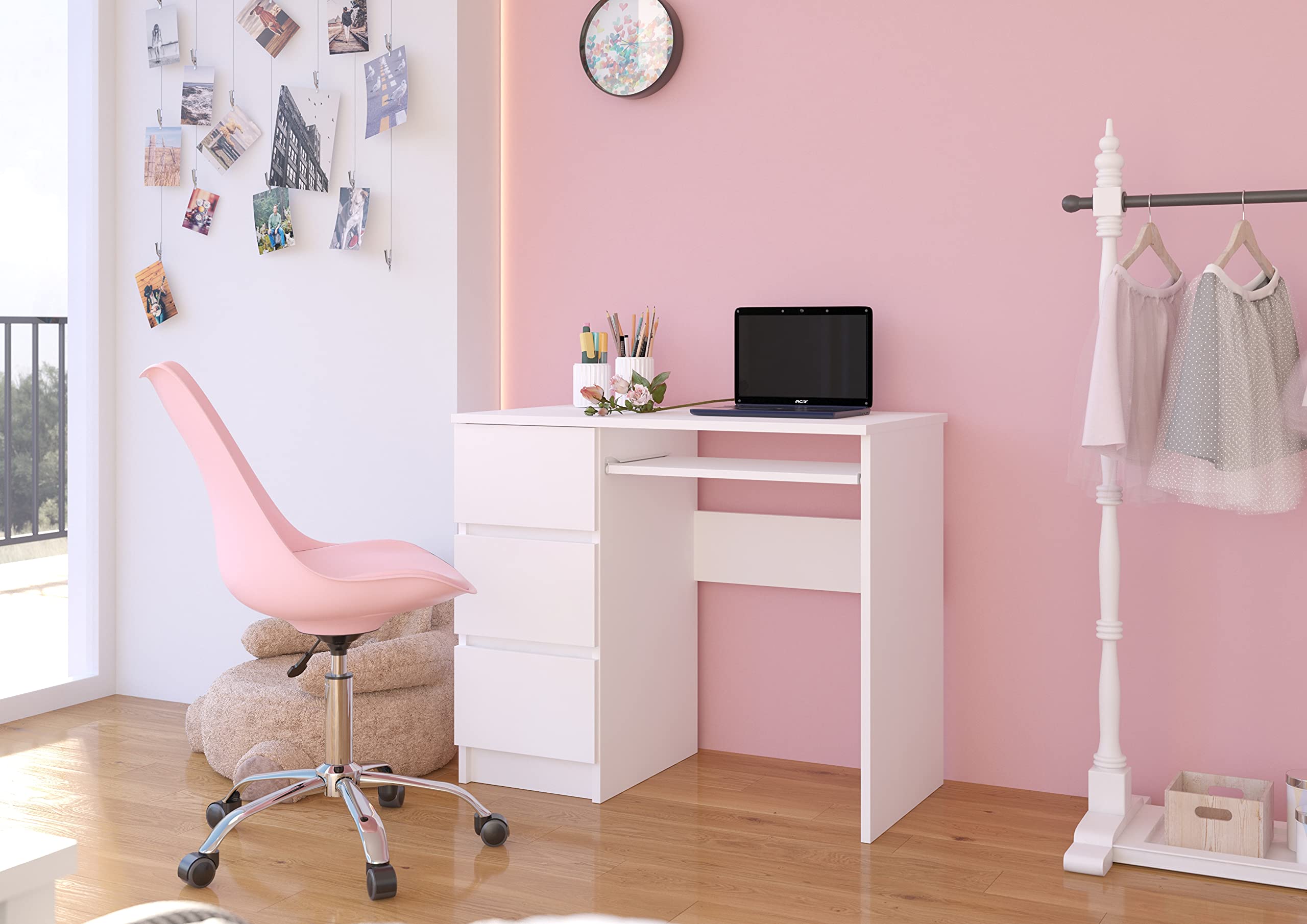 AKORD Escritorio A-6 con Estante para Teclado y 3 cajones a la Izquierda o a la Derecha | Escritorio de Oficina | Escritorio para Ahorrar Espacio | 90x77x50cm 30 kg (Blanco)