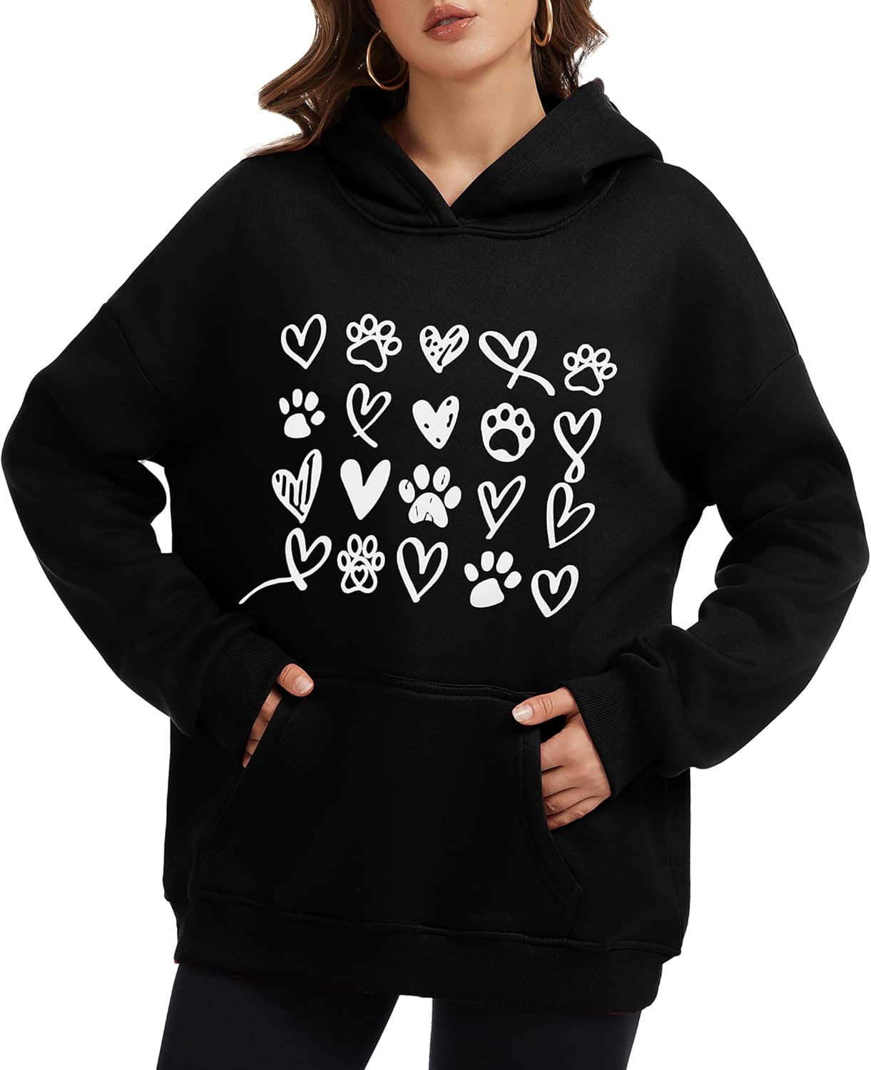 Dog Paw Print Hoodies Womens Oversized Graphic Sweatshirts Love Heart Long Sleeve Tops with Pocket - Image 2