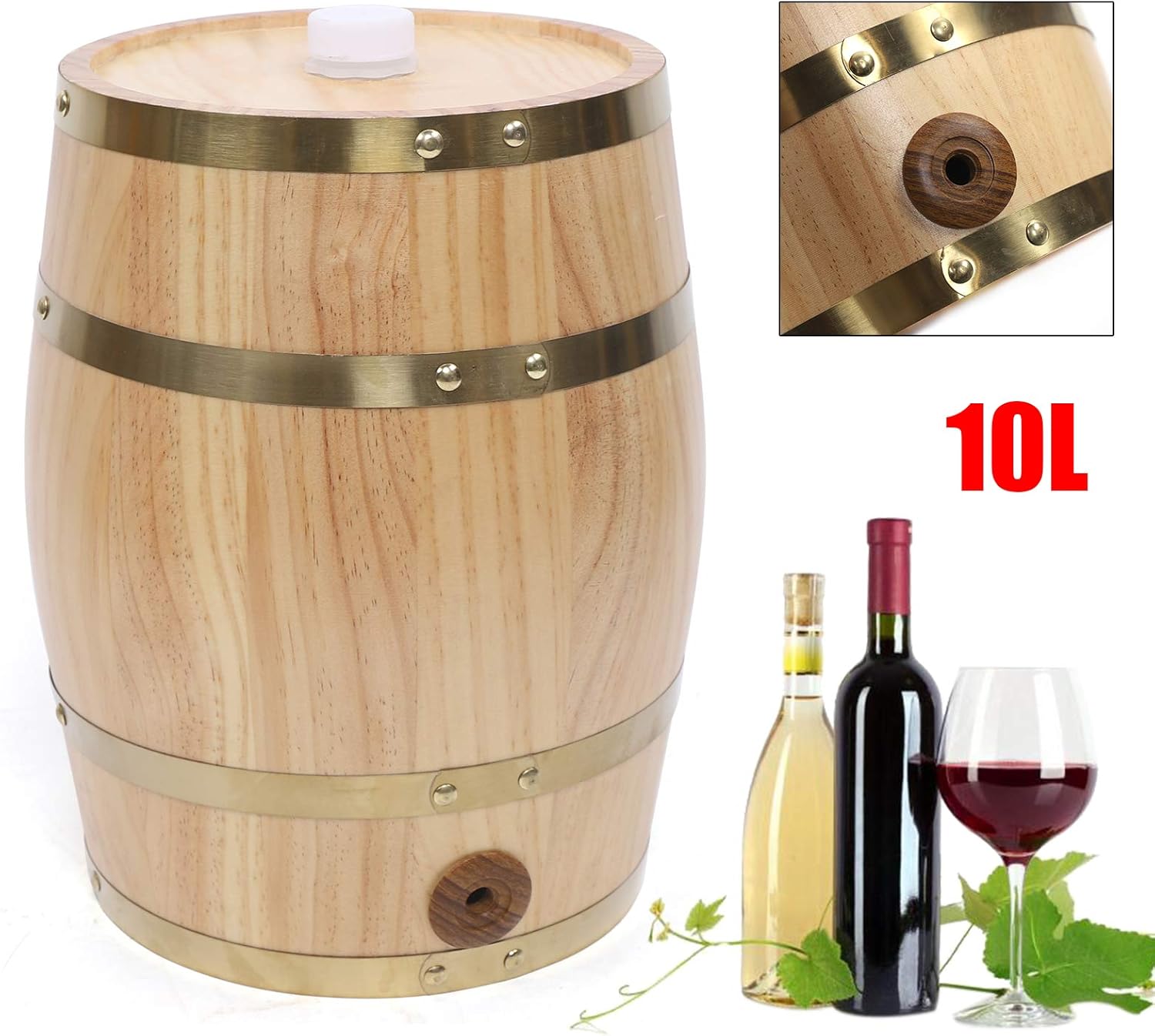 Vertical Wooden Wine Barrel Kitchen/Bar Decoration and Storage of Wine Liquid Large Size Pine Wine Barrel Container with Aluminum Foil Lining (10L)