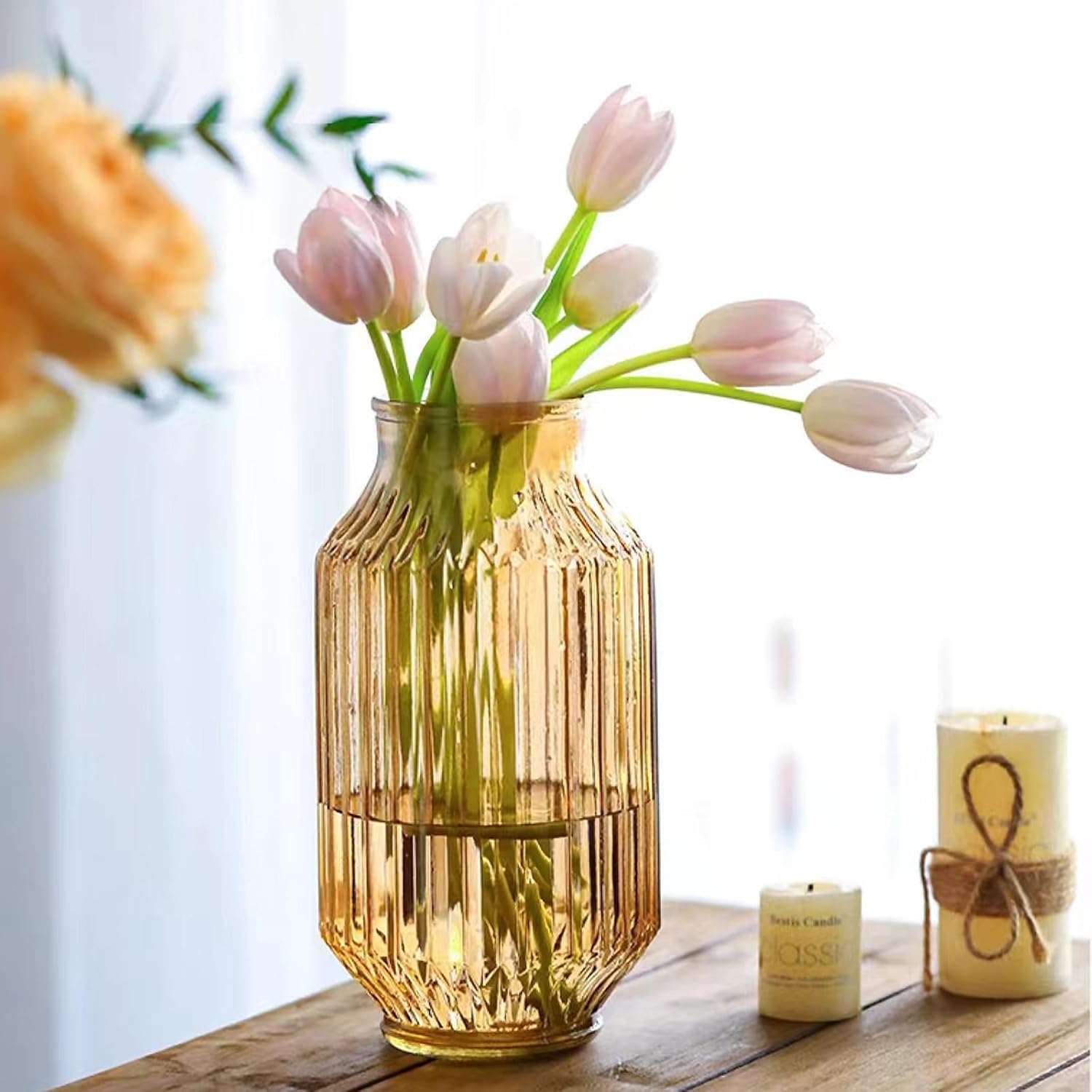 Flower Vase,Glass Vase,9.2 inch,Vintage Clear Ribbed Glass Vase for Home Decor,Bookshelf,Dinner Table,Indoor Office Desktop,Meeting Room,Home Christmas Day Decoration