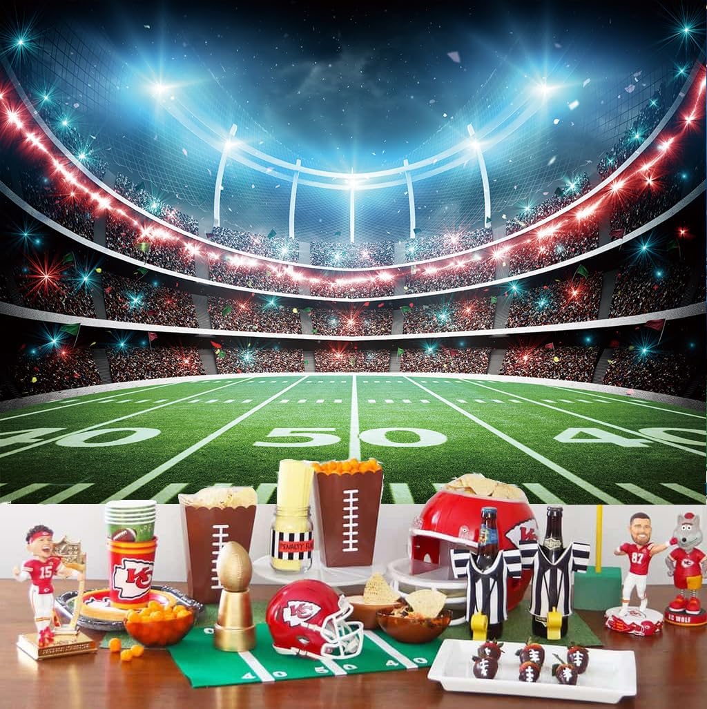 Football Field Backdrop Sports Stadium Auditorium Light Photography Background Football Theme Party Decoration Cake Table Banner 10x8FT(120x96 inch)