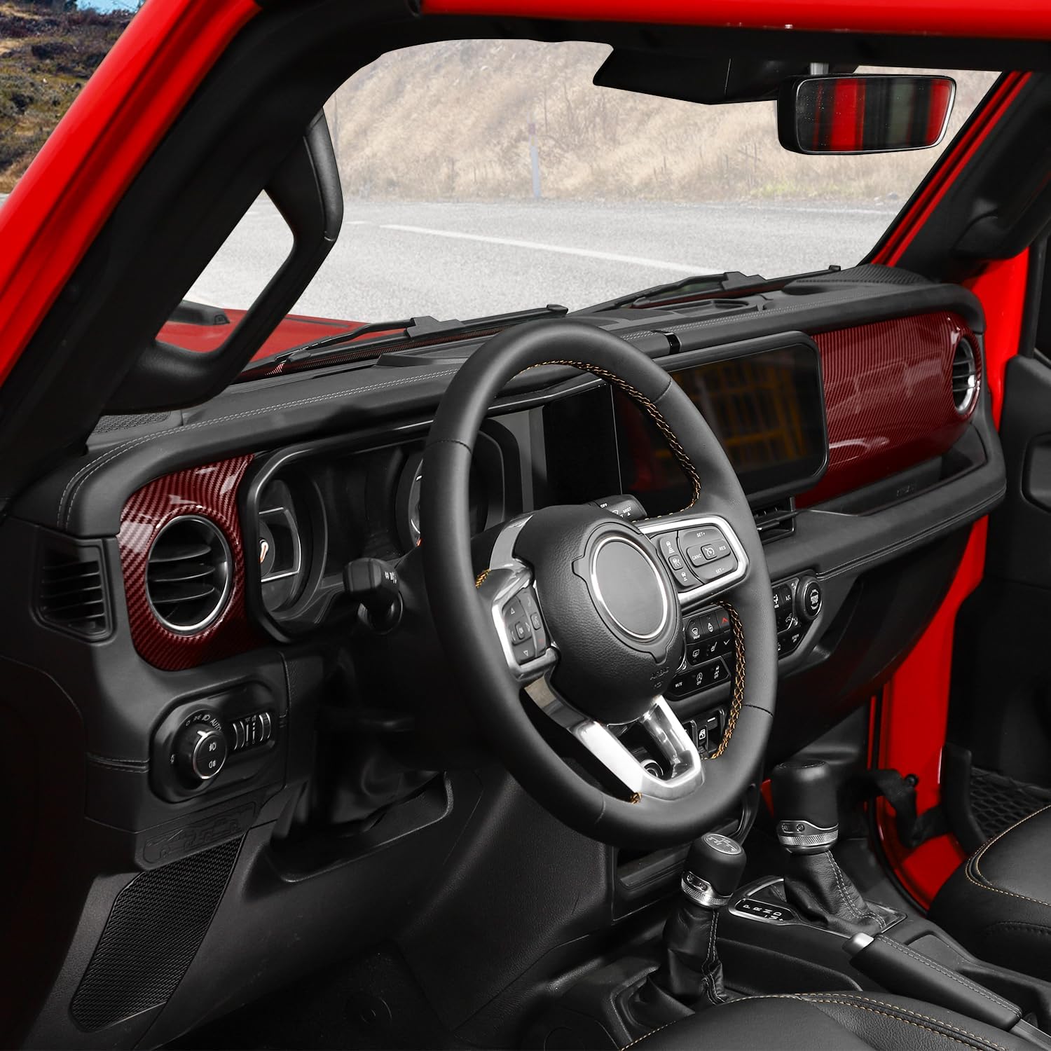 RT-TCZ Center Console Trim Cover Dashboard Control Panel Cover Decorative Interior Accessories Compatible with Jeep Wrangler JL JLU & Gladiator JT 2024+,Red Carbon Fiber