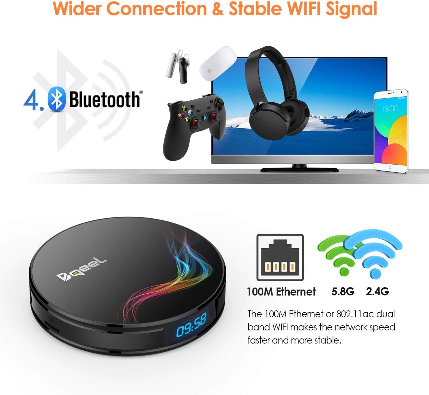 Diagram illustrating the Bqeel Android TV Box's connectivity options, including Bluetooth 4.0, 100M Ethernet, and dual-band 2.4G/5.8G Wi-Fi, connecting to various devices like headphones, game controllers, and smartphones.