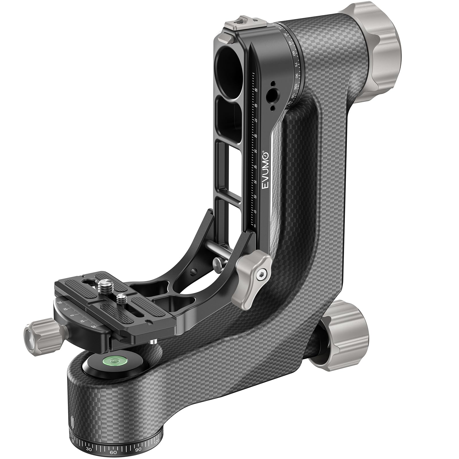 EVUMO P9 Cabezal de Trípode de Cardán, Gimbal Head de 360°, Cabezal Trípode Profesional de Fibra Carbono, con Placa de Liberación Rápida Arca-Swiss de 1/4'' y 3/8'', Carga Máxima 20kg para Cámara DSLR