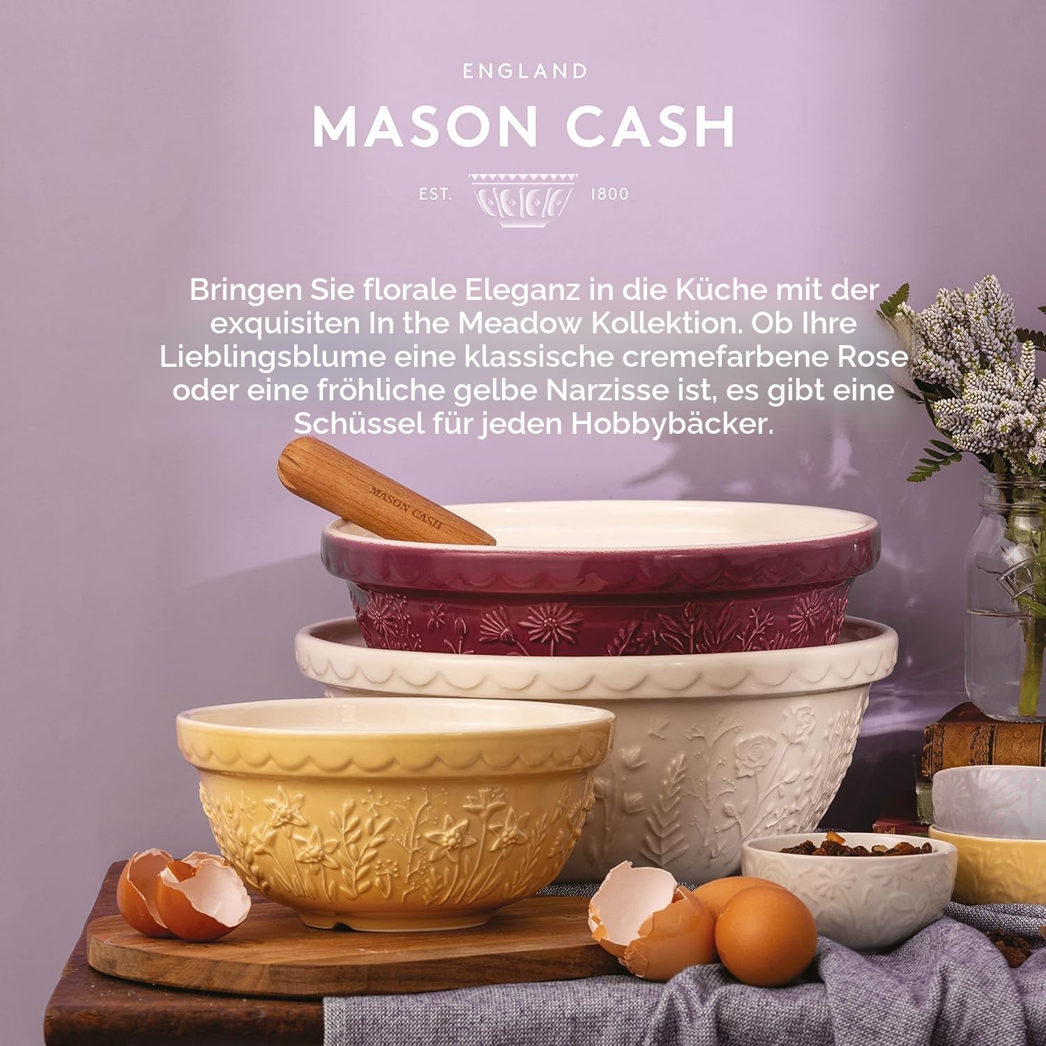 Mason Cash IN THE MEADOW Rührschüssel 2 Liter, Ø 24 cm, Steingut | Teigschüssel, Blumenmotiv, lavendel, spülmaschinenfest, splitterresistent, mikrowellengeeignet, gefriergeeignet