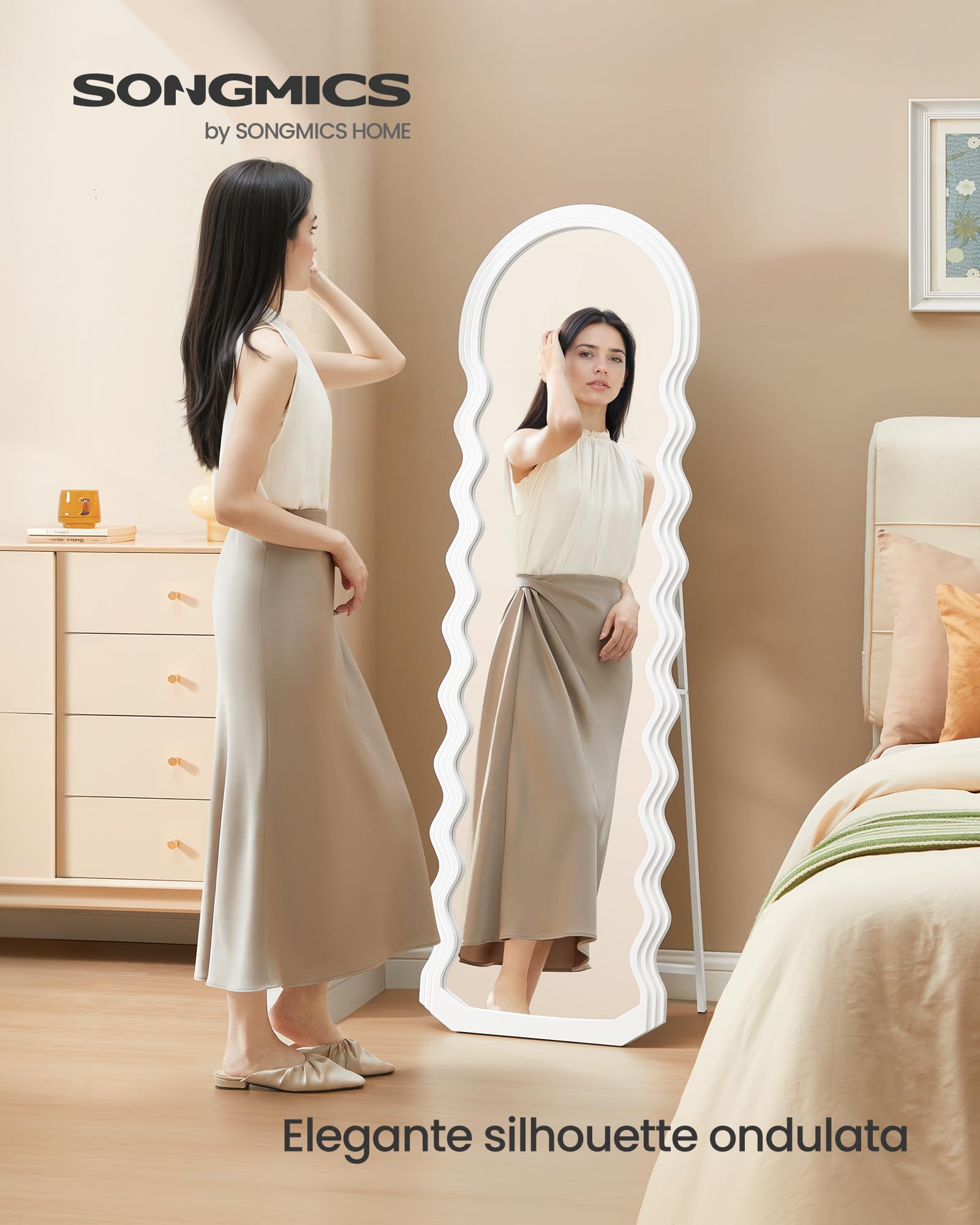 SONGMICS Specchio da Terra a Figura Intera, 160 x 50 cm, Specchio Ondulato Irregolare con Supporto, Cornice in MDF, Camera da Letto Soggiorno Ingresso, Bianco Nuvola LFM027W01