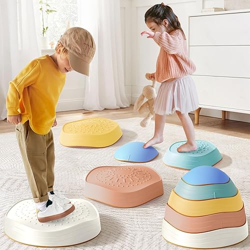Tiny Land Stepping Stones for Kids, 5pcs Non-Slip Toddler Stepping Stones, Sensory Stepping Stones for Promoting Toddler's Balance & Coordination Skills, Stepping Stones for Toddlers 3-5 - Morandi Color