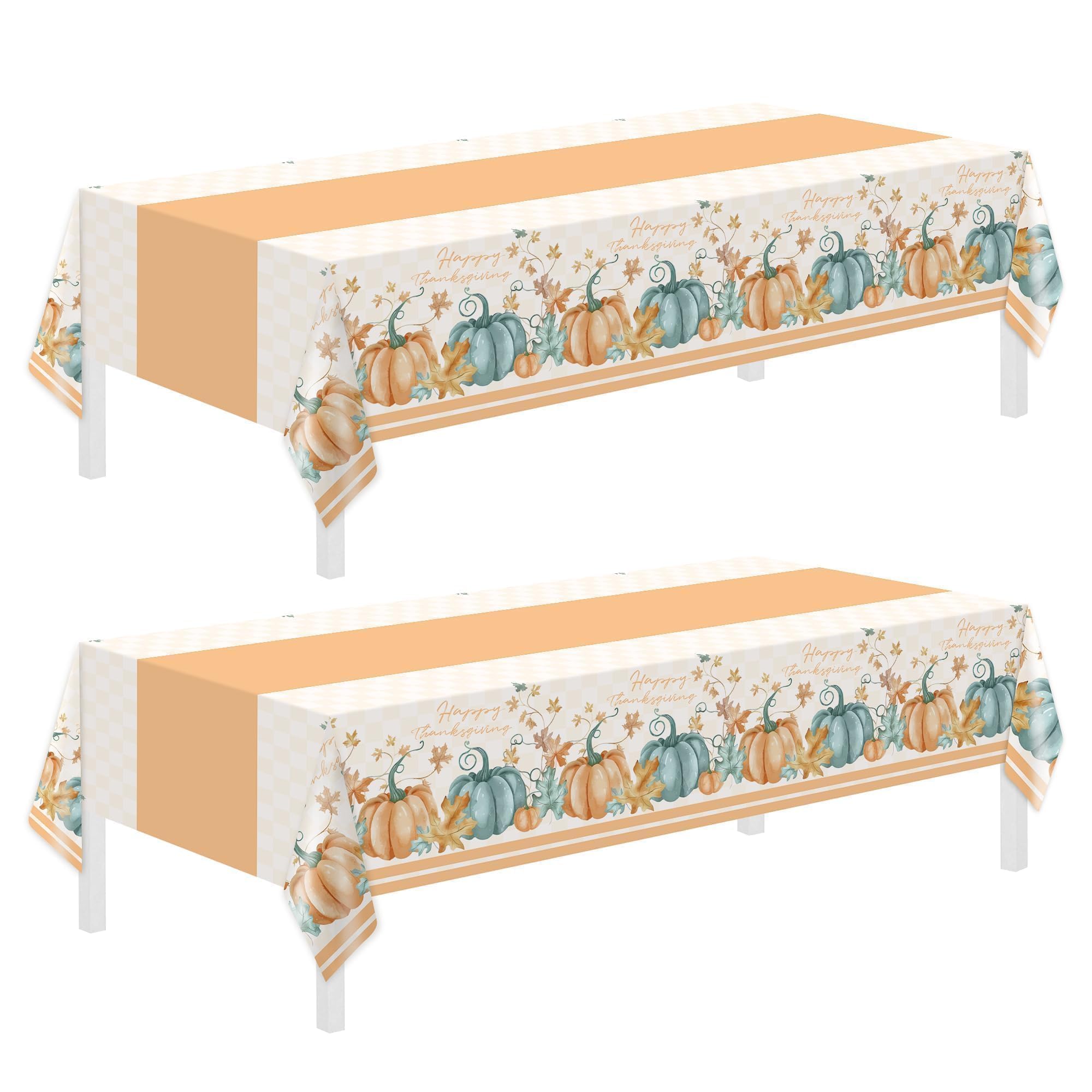Childom 2 PCS Thanksgiving Disposable Tablecloths,Thanksgiving Decorations 54 x 108 Inch Orange Pumpkin Maple Table Cloths Plastic Table Cover for