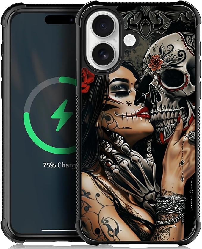 CARLOCA for iPhone 17 Case Compatible with Magsafe Day of The Dead Skeleton Girl Love Pattern for Girl Ultra Protection Shockproof Soft Silicone TPU Non-Slip Back