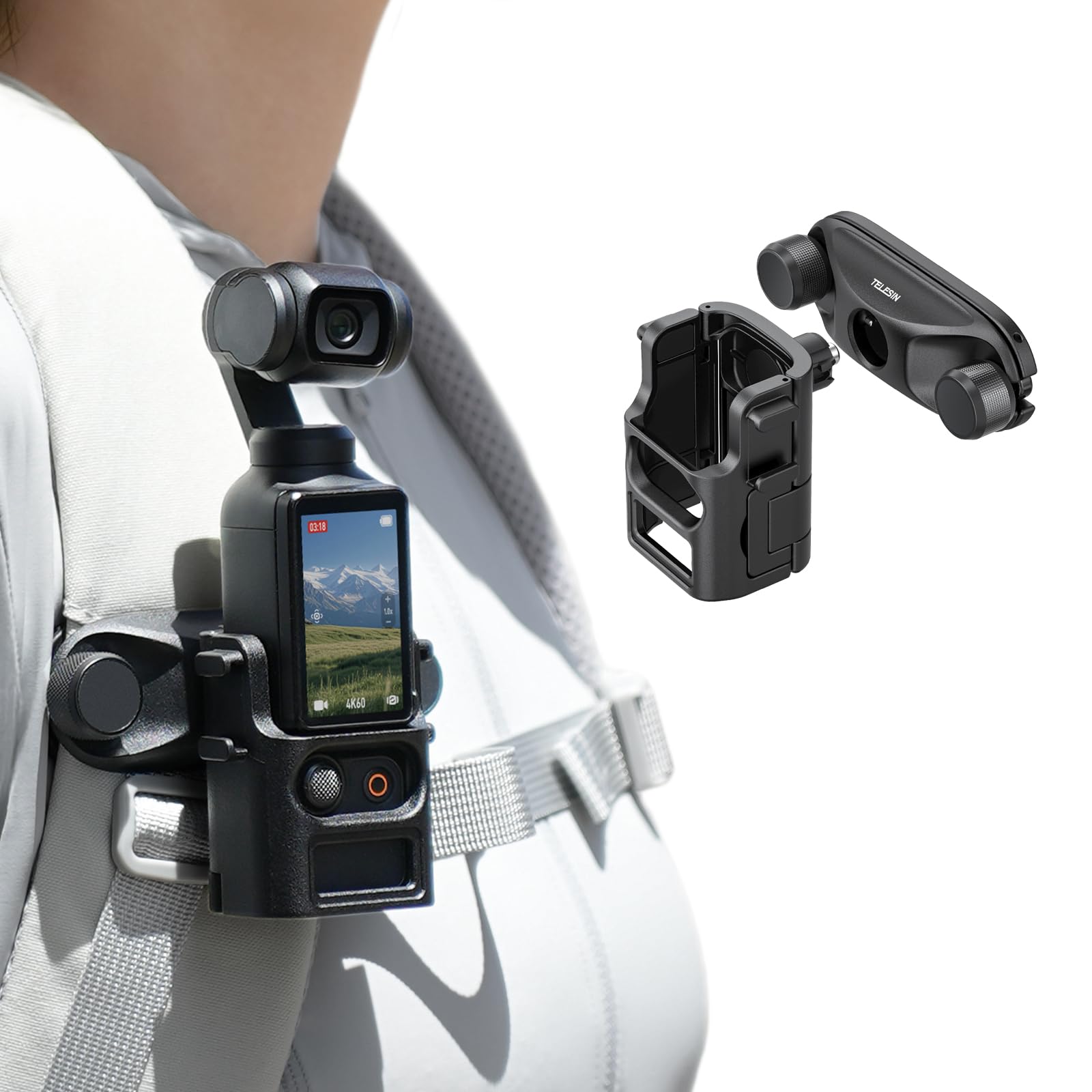 TELESIN Rucksackhalterung für DJI Osmo Pocket 4 3, Schnellverschluss Halterung mit Doppelverriegelung, Anti-Rutsch-Silikon-Pad, Kratzfest, Passt auf die meisten Rucksackgurte, Pocket 4 3 POV-Zubehör