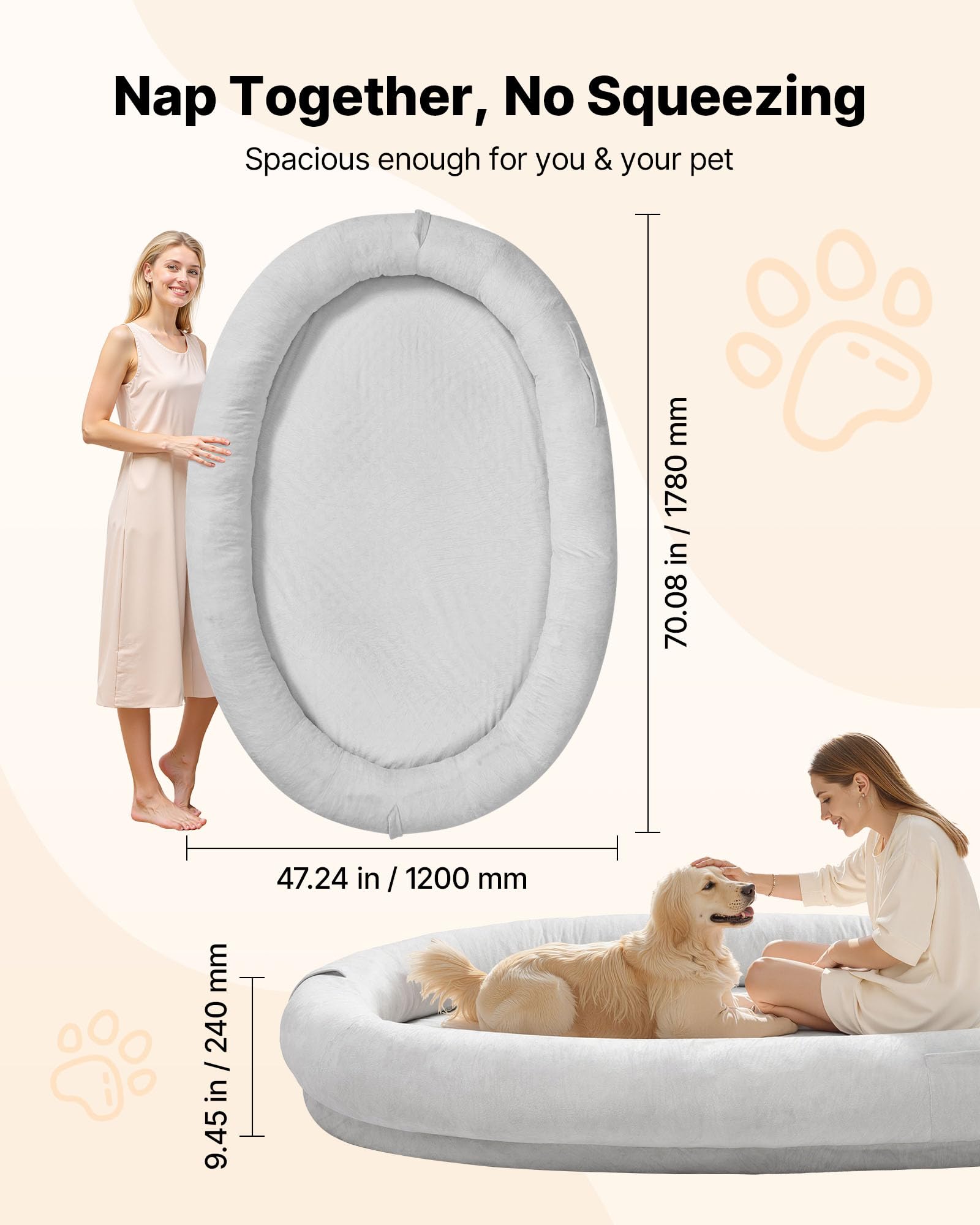 VEVOR Cama para Perros, 178 x 120 x 24 cm, Peluche Corto, de Espuma Viscoelástica, Tamaño Humano, con Bolsillo Lateral, Asa y Cremallera, Funda Extraíble y Lavable a Máquina, Gris, Diseño Ovalado