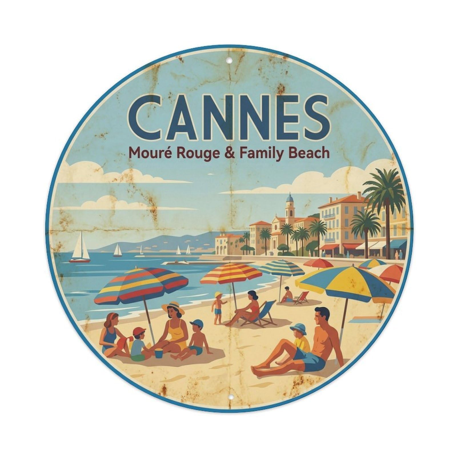 Coastal Travel Family Beach Shoreline Cannes Riviera Metal Tin Sign