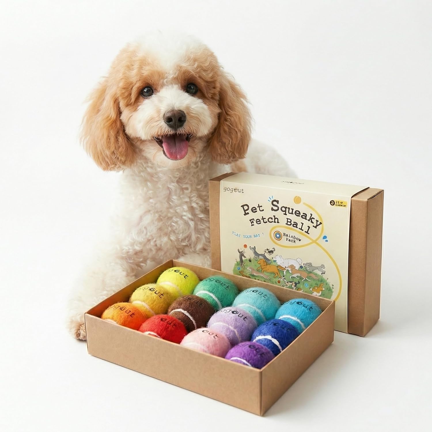 Pet Squeaky Fetch Ball Rainbow Pack, Multicolor Tennis Balls for Dogs, 2 Inches, 12 Count (Small)