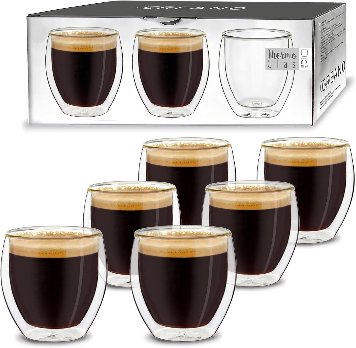 Creano Verre Double Paroi Espresso 100 ml – Modèle Rond Isolant en Verre Borosilicate pour Boissons Chaudes et Froides – Lot de 6 verres