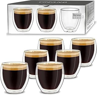 Creano Verre Double Paroi Espresso 100 ml – Modèle Rond Isolant en Verre Borosilicate pour Boissons Chaudes et Froides – Lot de 6 verres