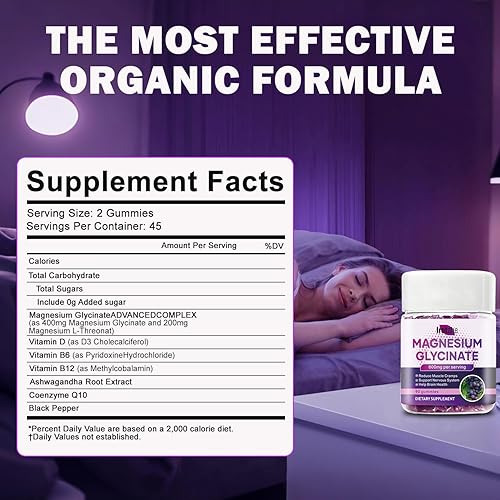 Miniatura 4 de Gomitas de glicinato de magnesio de 600 mg  Masticables de frambuesa sin azúcar con L-treonato, vitamina D3 y B6  Apoya la relajación, el sueño y la