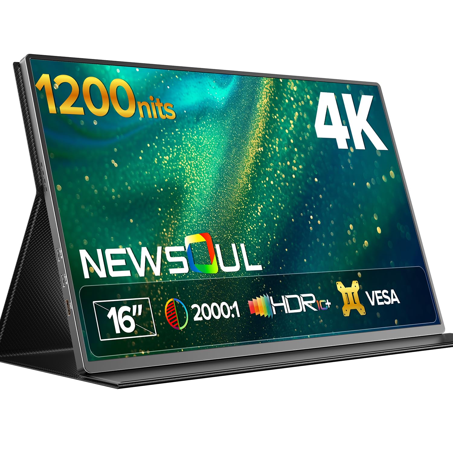Newsoul 4K Portable Monitor, 3840 * 2400 UHD 16" Gaming Monitor 1200Nits 1500:1 100% sRGB IPS FreeSync Laptop Monitor with VESA & Cover Built-in USB-C HDMI Portable Screen for Phone Game Console