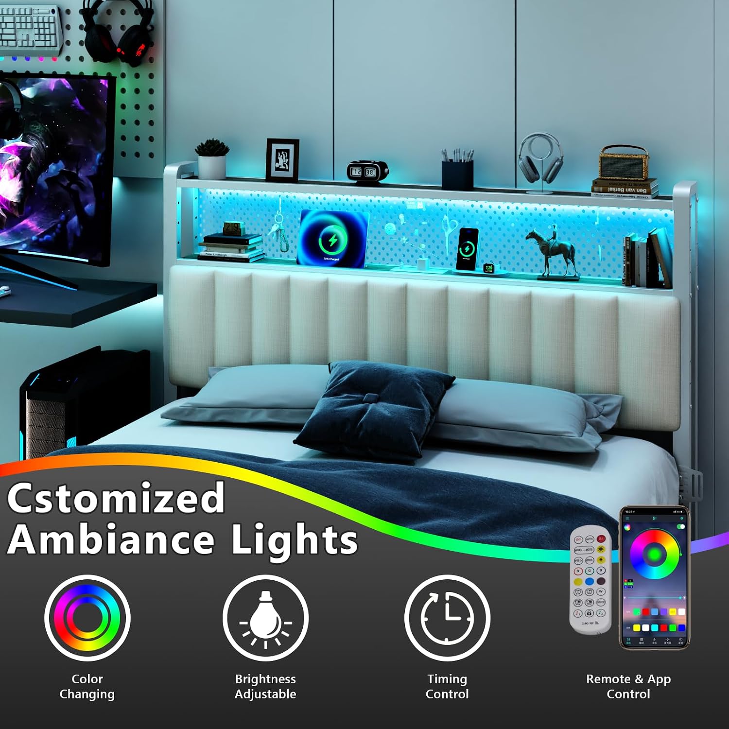 A bedroom scene showing the headboard with blue LED lights illuminated. An overlay displays icons for color changing, brightness adjustable, timing control, and remote & app control.