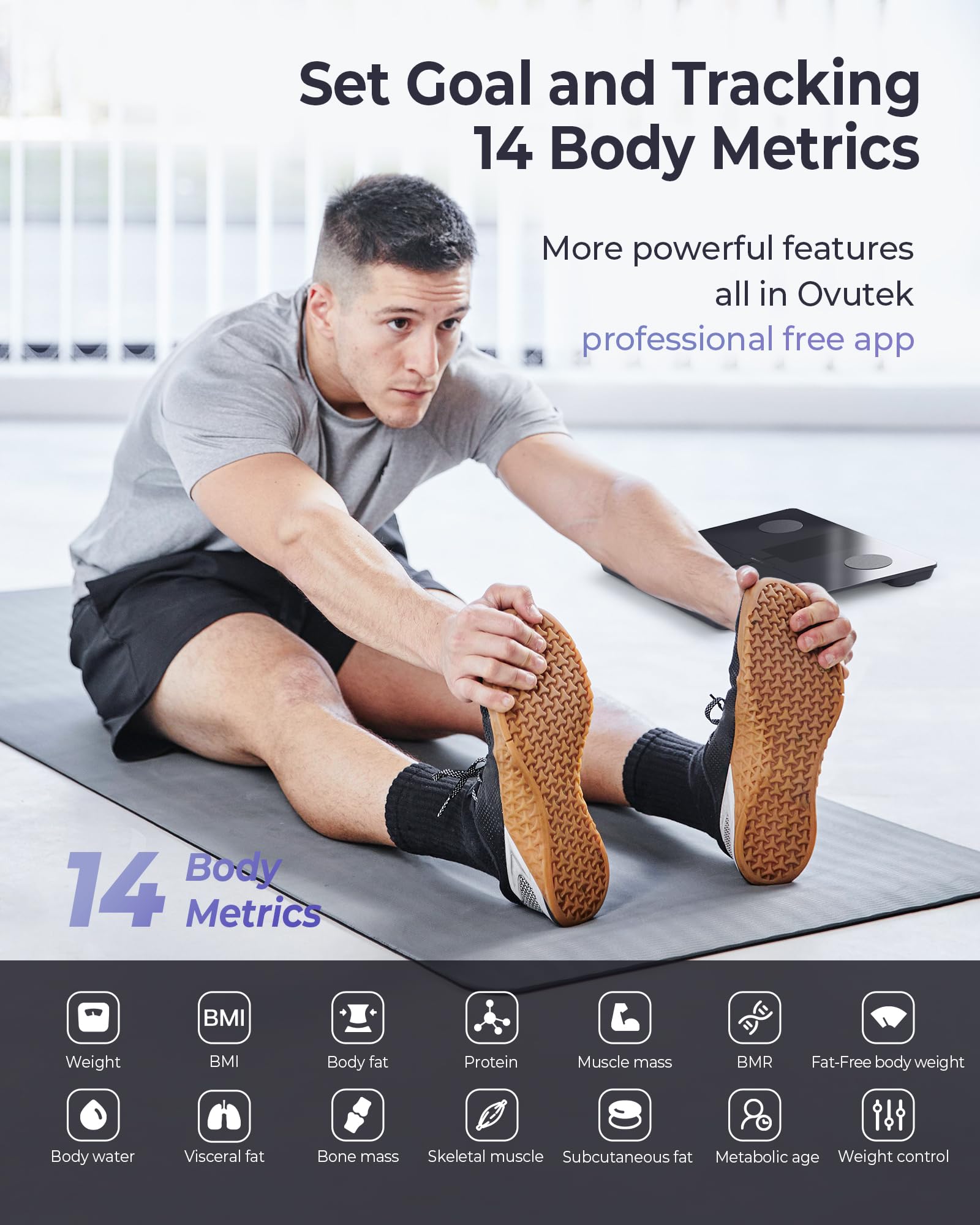 Ovutek Balance Pese Personne avec 5" LED Grand Écran, 180kg/400lb, Noir | Haute Précision Balance Connectée avec APP, Mesure 14 Données Corporelles pour Fitness-Tracking, 180kg/400lb, IMC