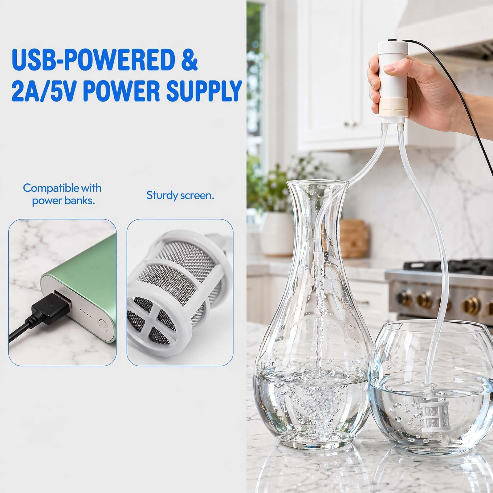 HENGBIRD Mini pompa wodna USB 5 V, samozasysająca, z wężem silikonowym o długości 5 m i filtrem ze stali nierdzewnej, elektryczna pompa do akwarium, nawadniania ogrodu i transferu wody