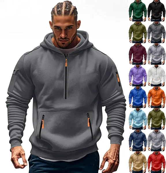 Mens Quarter Zip Up Tactical Hoodie Basic Work Athletic Hoodies Personalized Workout Oversized Sweatshirt Cotton Zipper Pockets Hooded Pullover Drawstring Vintage Lightweight Big and Tall Hoodie