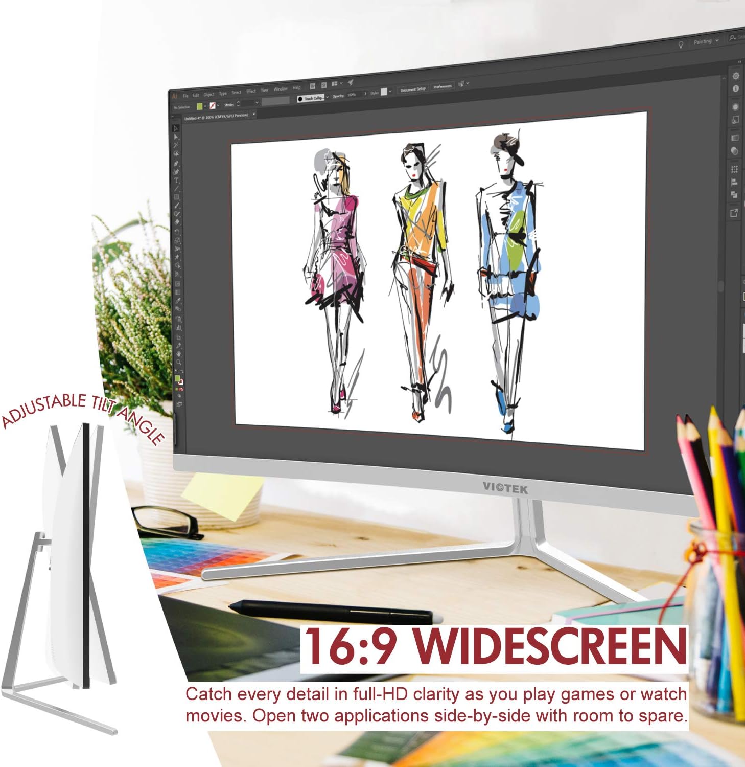 Diagram showing the adjustable tilt angle of the Viotek NB27CB monitor and its 16:9 widescreen aspect ratio.