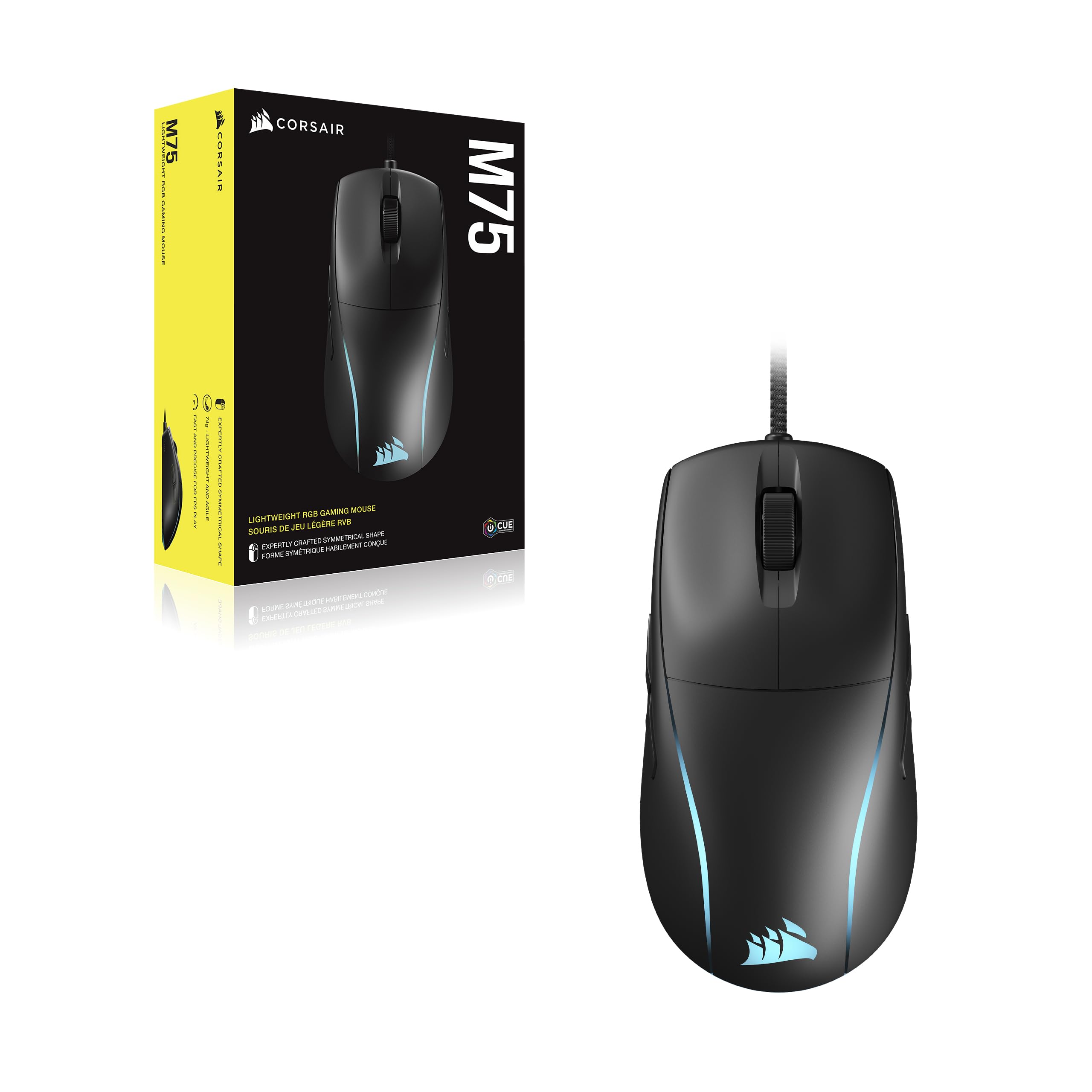 Corsair M75 Wired RGB Souris de Jeu FPS Légère – 26 000 DPI – Boutons Latéraux Interchangeables – PC – Noir