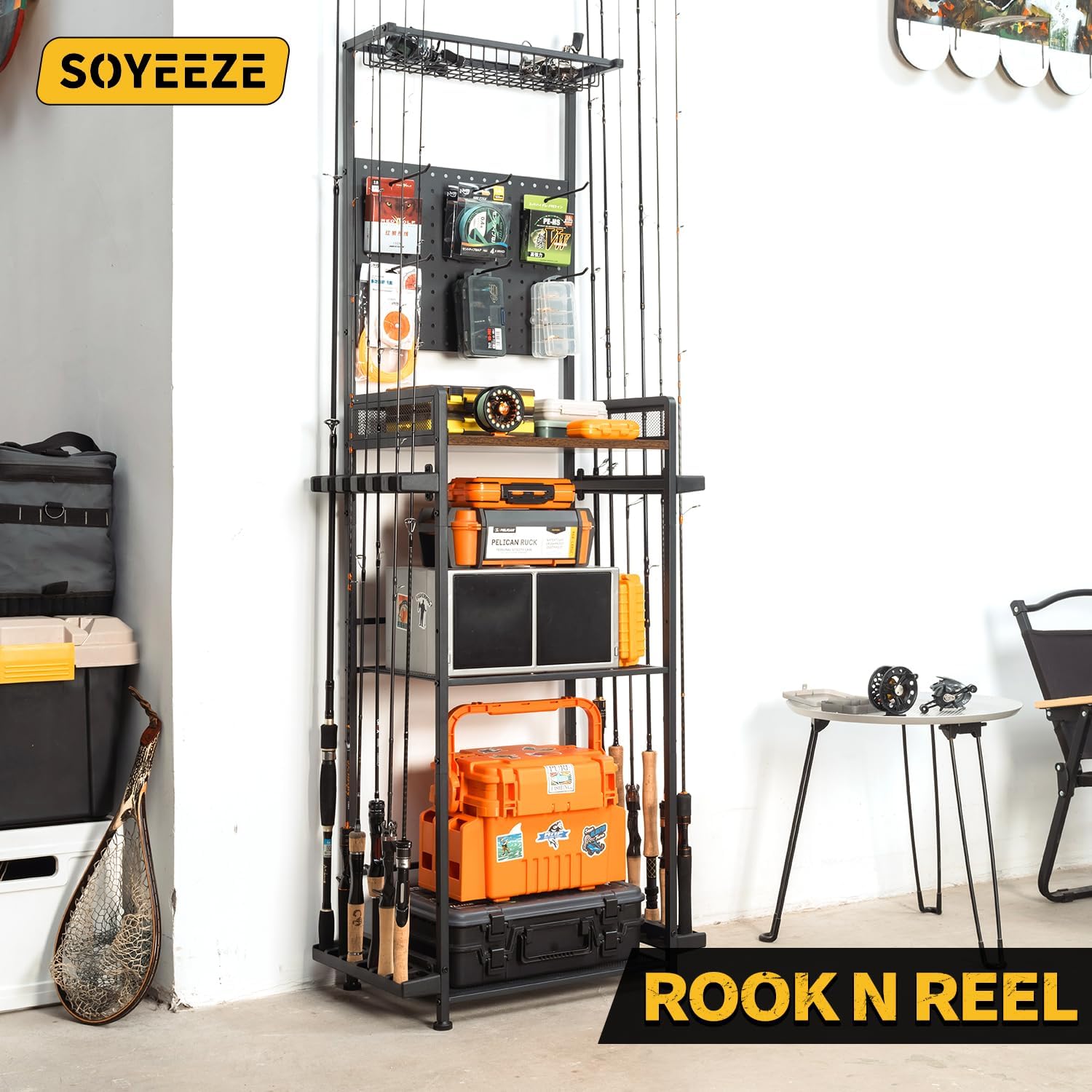 SOYEEZE Fishing Rod Holders for Garage,Fishing Gear Holder for Fishing Rod Tackle Box Storage，Fishing Pole Holders Reel Rack