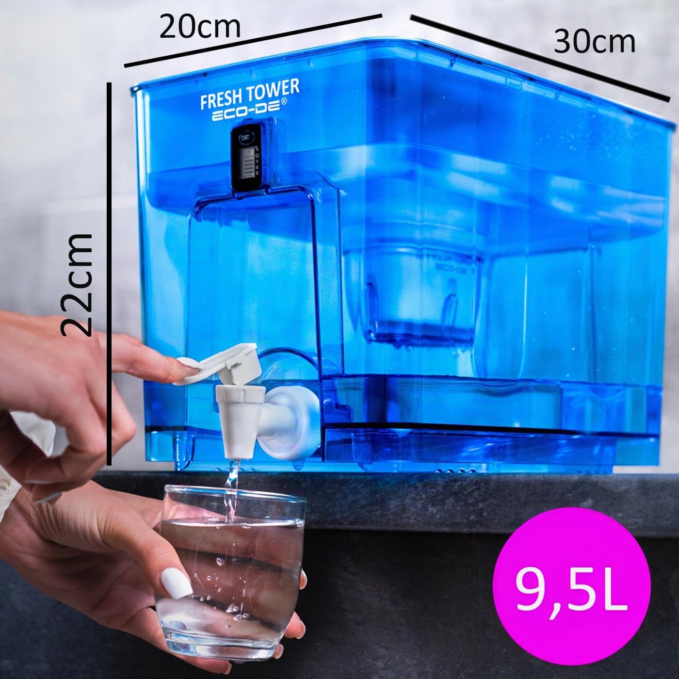 ECO-DE Distributeur d'eau filtrée Fresh Tower. Sans BPA, indicateur numérique, pour réfrigérateur, avec filtre compatible