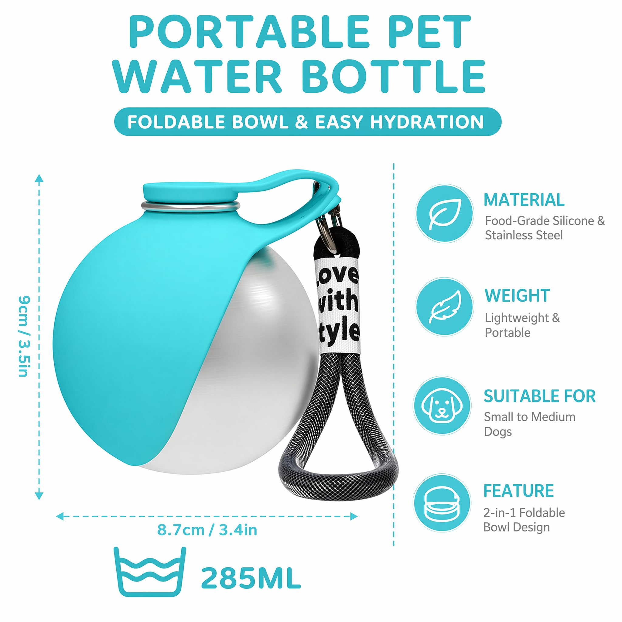 Borraccia portatile per cani, 285 ml, in acciaio inossidabile con ciotola pieghevole in silicone – Antigoccia, ideale per cani e gatti in inverno, in viaggio e in campeggio (Blu)