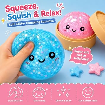 Mini Glitter Dumpling Squishy 2 Pack, Dumpling Squishy Mystery Box, Fidget Sensory Squeeze Toys for Adult Stress Relief, Perfect for Party Favors, Stocking Stuffer (Pink + Blue)