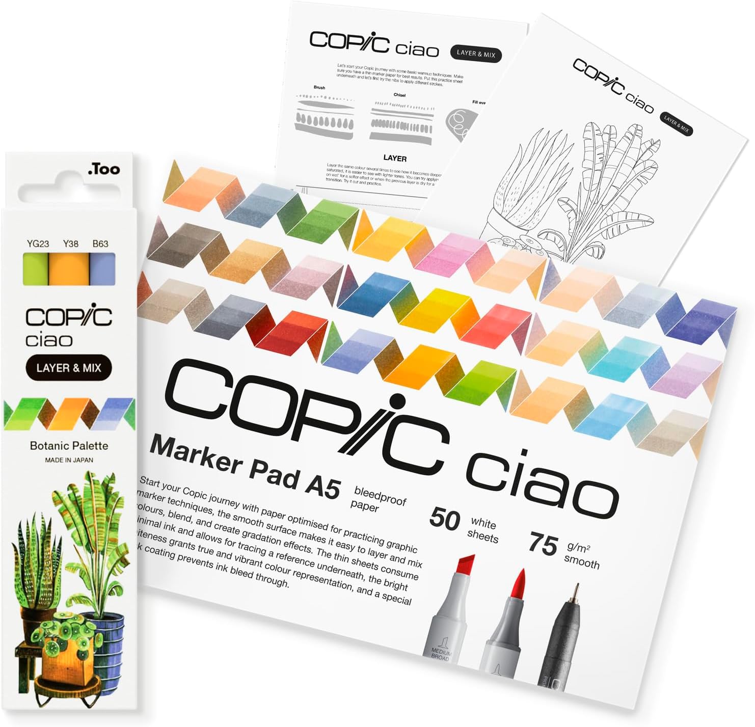 COPIC Ciao Layer & Mix Starter Set Botanic, Marker Set with 3 Colours, Marker Paper and Drawing Template for Tracing, Includes Learning Exercise Sheet