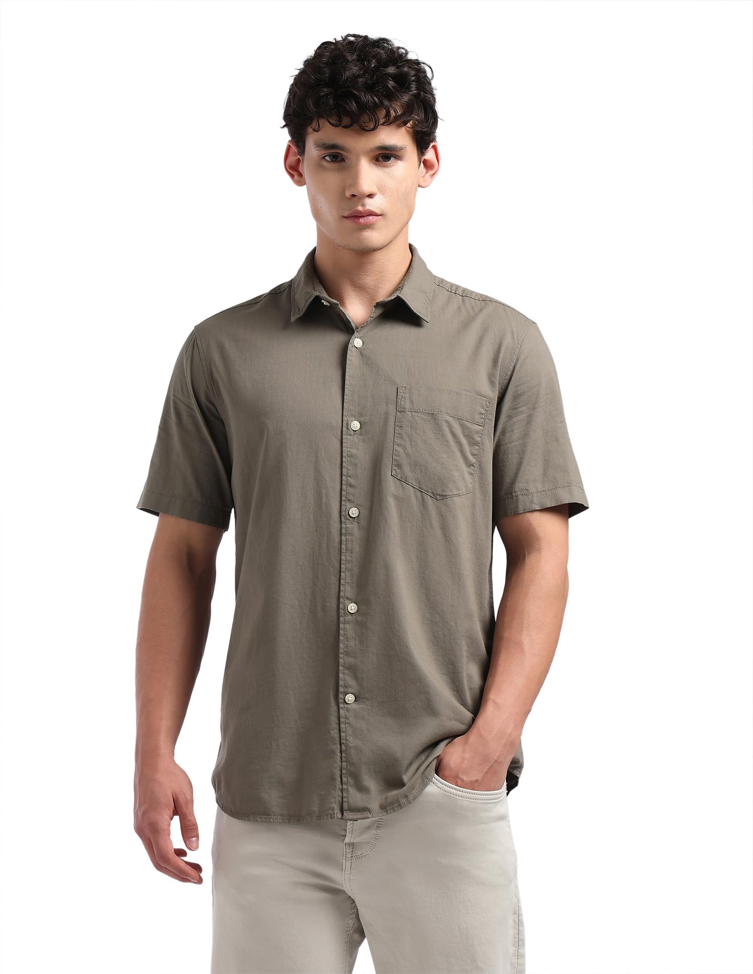 flying machine men's slim fit shirt | solid | short sleeves | shirt for man
