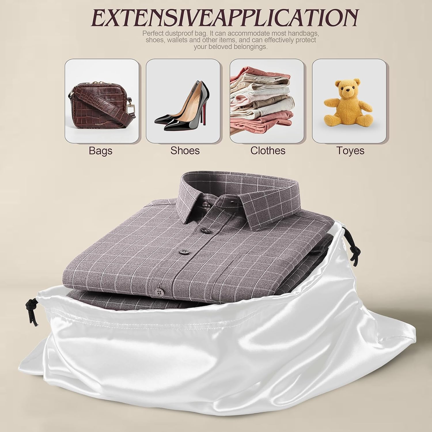 Manyshofu 7 Pack Satin Dust Bags for Handbags Storage, Silky Shoe Bag White Drawstring Bags for Shoes & Purses - Silk Dust Cover Bag Dustproof Protector Travel Storage Pouch(19.6 x 15.7) - Image 4