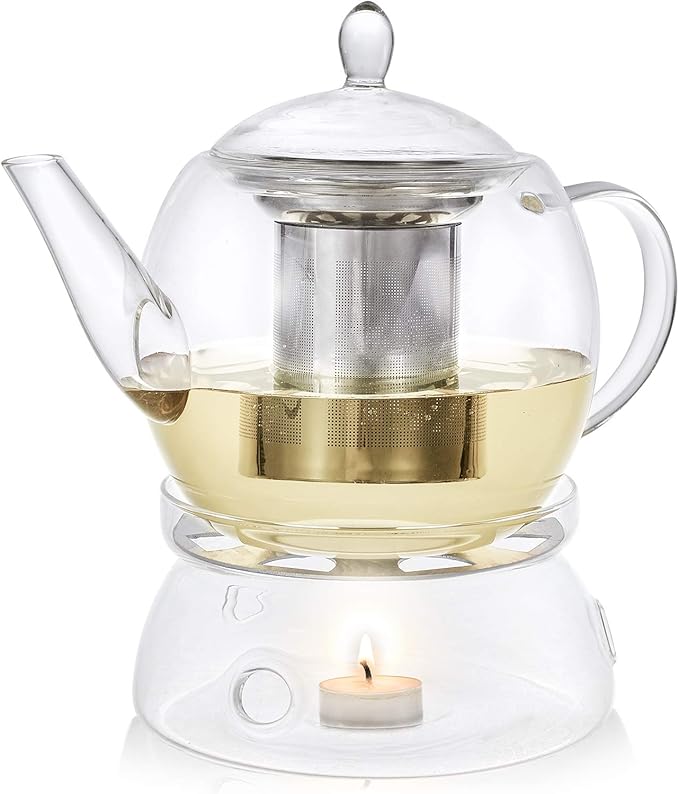 Teabloom Prague Glass Tea Maker & Warmer Set Large Capacity (45 oz) Heatproof