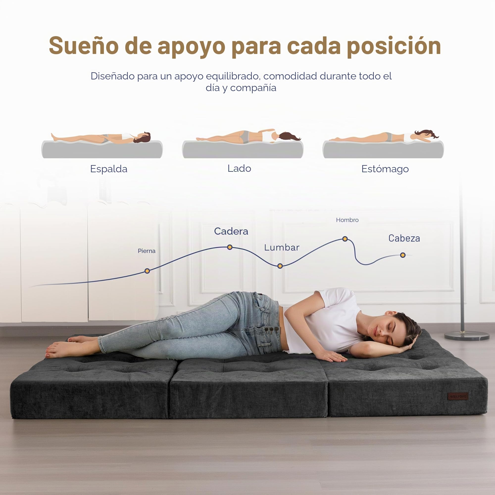 MAXYOYO Colchón Plegable Doble, Cómodo Futón de 15 cm con Tela de Chenilla, Sofá Cama Plegable de Tres Partes para Invitados, Cubierta Portátil para Camping