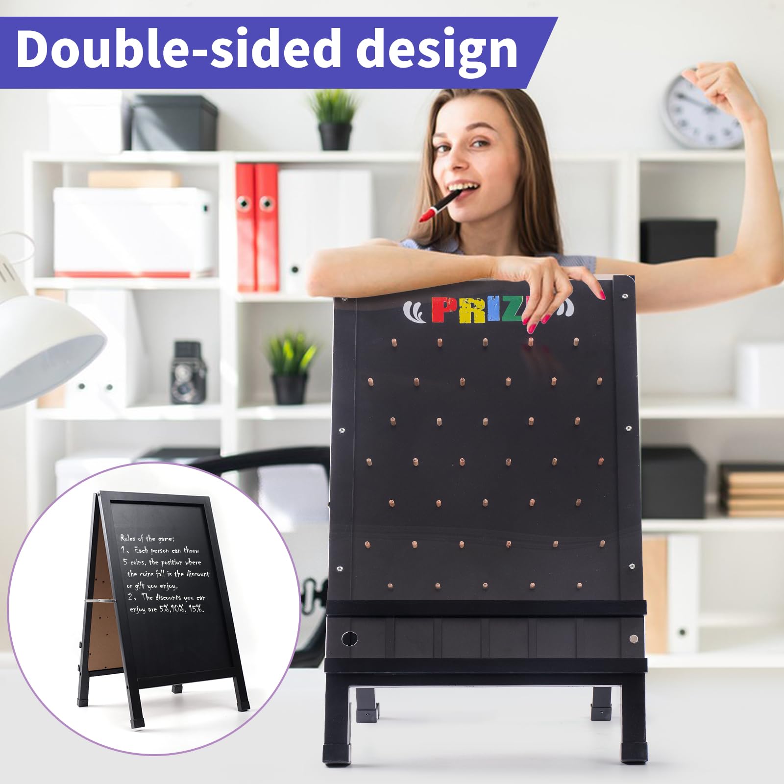 Tablero de juego Prize Drop, 15.7 x 27.5 pulgadas, diseño plegable de doble cara con letrero de pizarra de madera con marco en A para familia, carnaval, feria comercial y fiesta, incluye 10 discos de