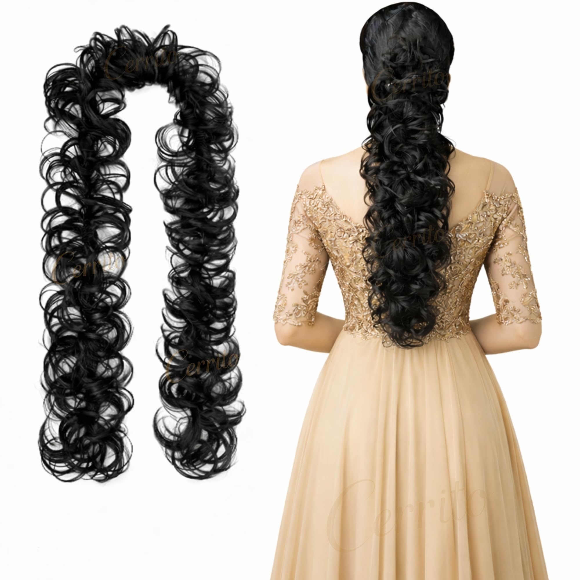 Cerrito Frill Hair Extensions for Women | Premium Curly Braid Ponytail Accessory | Messy Hair Frill for Juda, Ponytails, Buns & Updos | Volume Enhancer | Easy Clip-In Wig-Like Attachment, Black (Big)-image-33