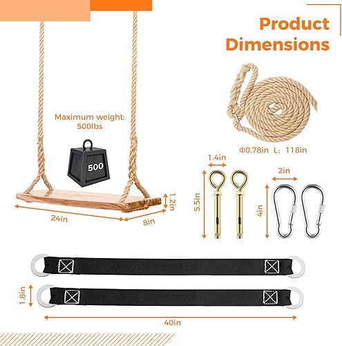 Miniatura 3 de Columpio de madera para árbol, columpio de madera para adultosniños con capacidad de carga de 500 libras, asiento de columpio de madera impermeable,