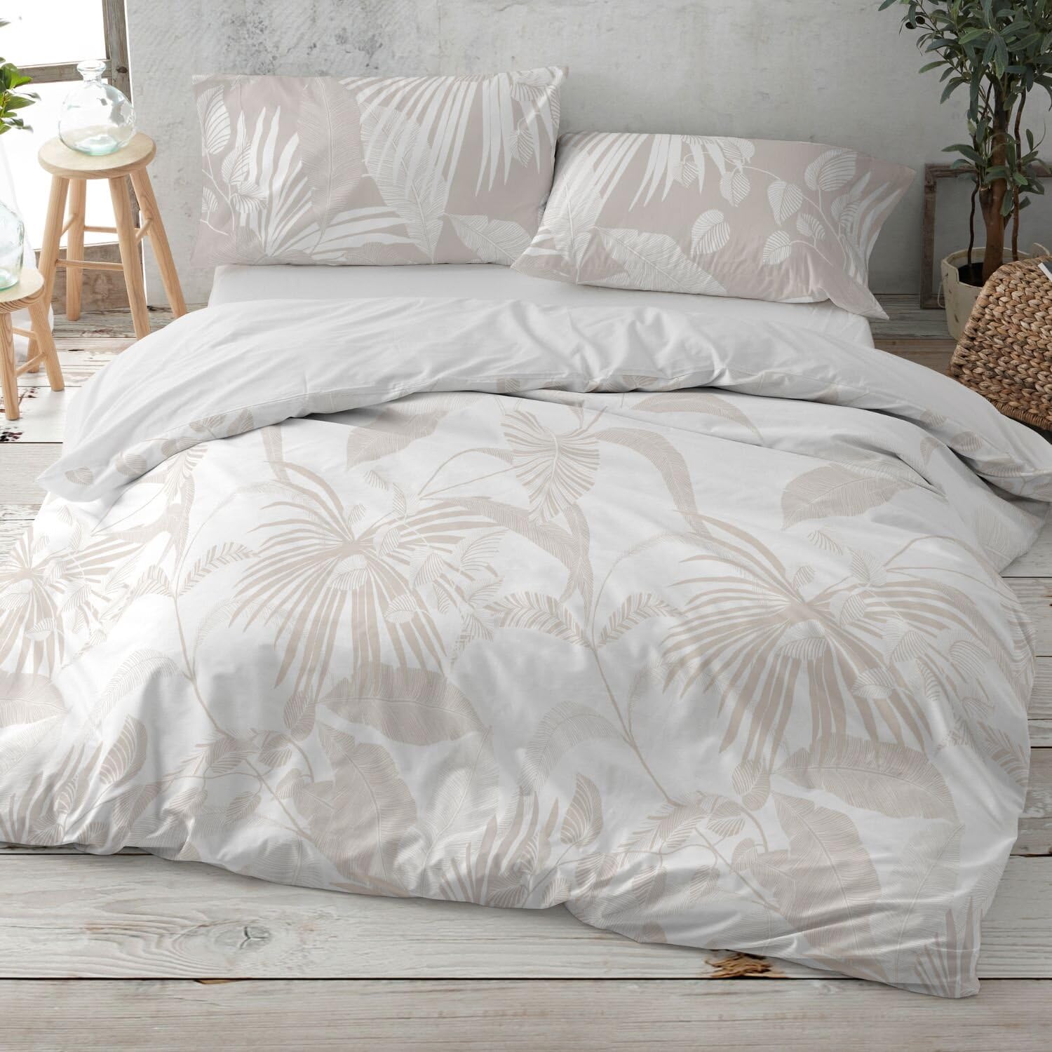 Burrito Blanco | Funda Nórdica Estampada Algodón 200 Hilos Cama 135 Beige | Incluye Bajera y 2 Fundas de Almohada | Cierre de Botones | 100% Algodón | Tacto Suave | Larga Duración | Fácil Planchado