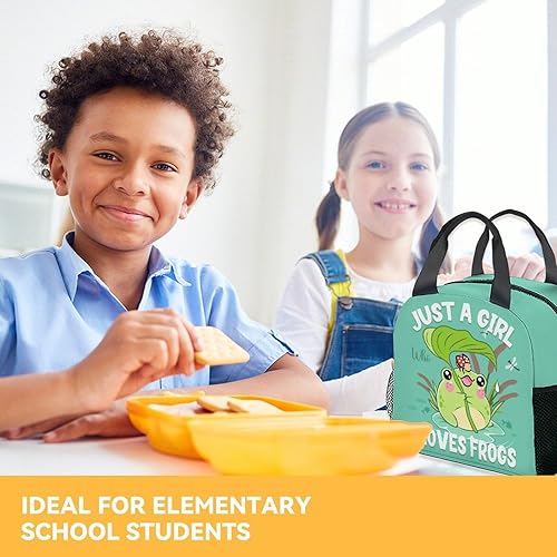 Miniatura 7 de FUZZYFIT Lonchera de rana para niñas, bolsas de almuerzo reutilizables aisladas congelables - Pequeña lonchera en blanco linda para niños - Ideal