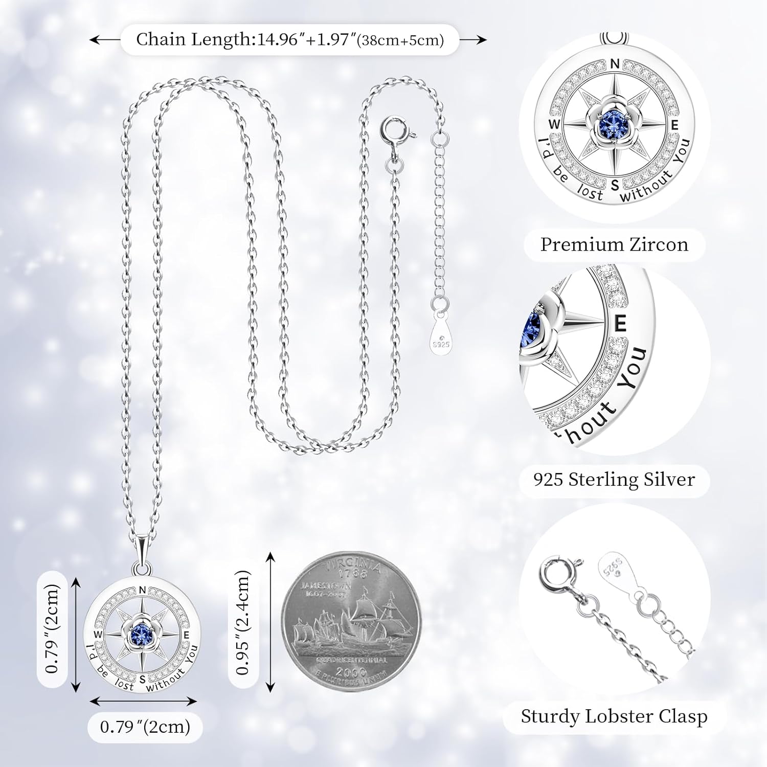 HOH-Tech Compass Necklace for Women 925 Sterling Silver Id be Lost without You Compass Necklace Birthstone Graduation Jewelry Pendant for Mothers Wives Daughter