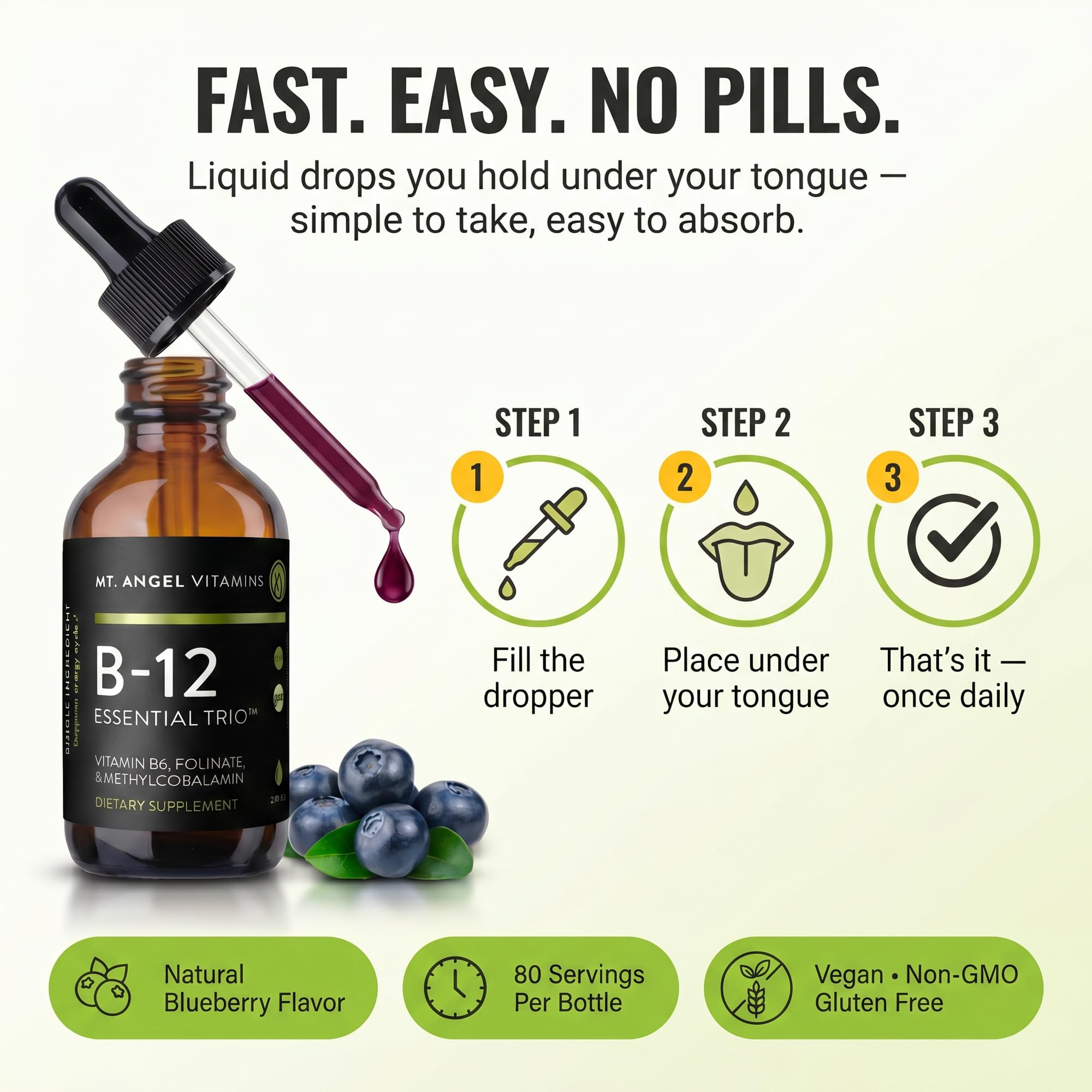Mt. Angel Vitamins - B12 Essential Trio - Vegan Sublingual Drops with High-Potency Methyl B12, B6 & Folate - Easy Absorption Liquid - Non-GMO, Made in USA — Amazon image 4