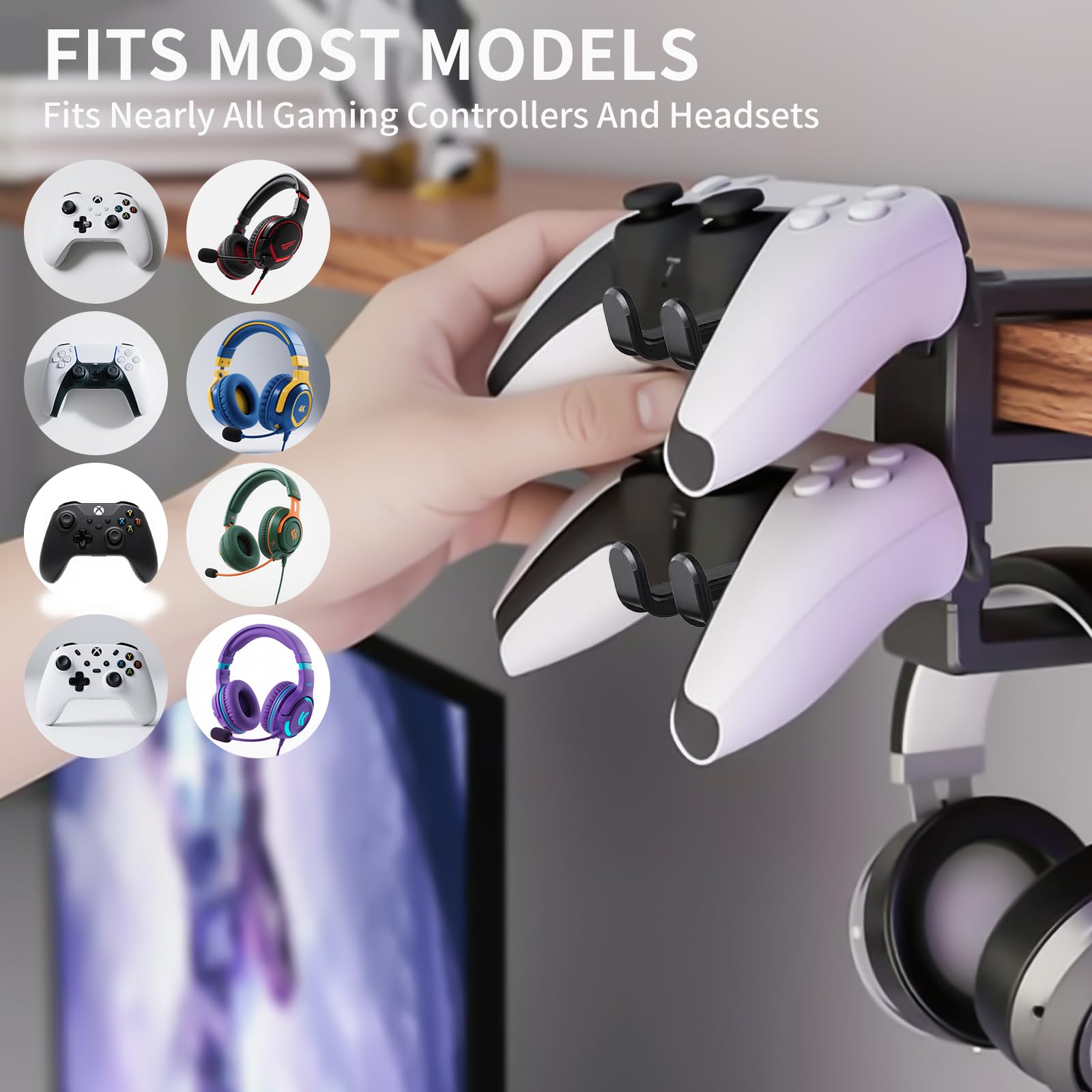 Supporto per cuffie e controller di alta qualità – regolabile a 360° sotto la scrivania gancio con gestione dei cavi, nero – accessori perfetti per scrivania e PC
