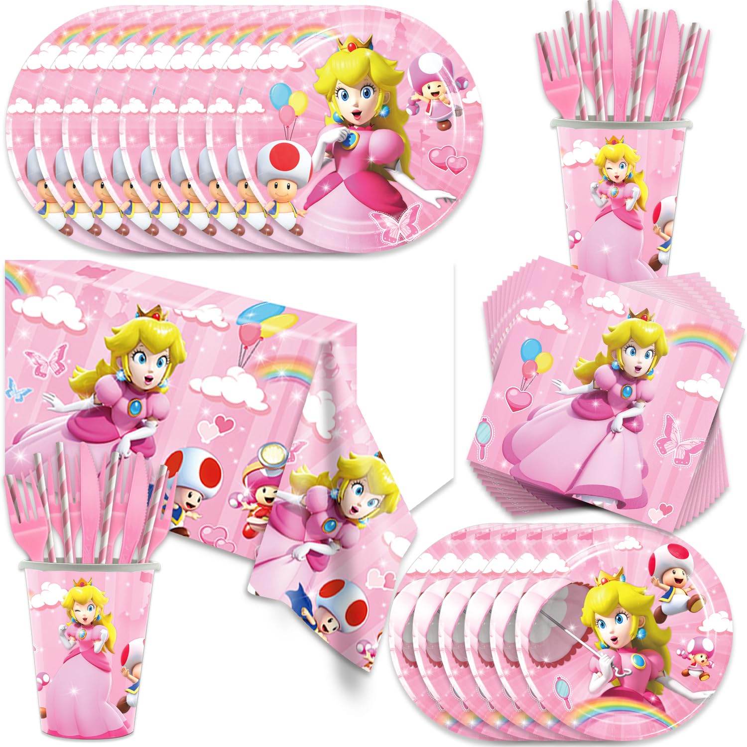Photo 1 of 141pcs Princess Peach Birthday Tableware Decorations Party Plates Cups Theme Napkins Tablecloth for Princess Peach Party Decoration