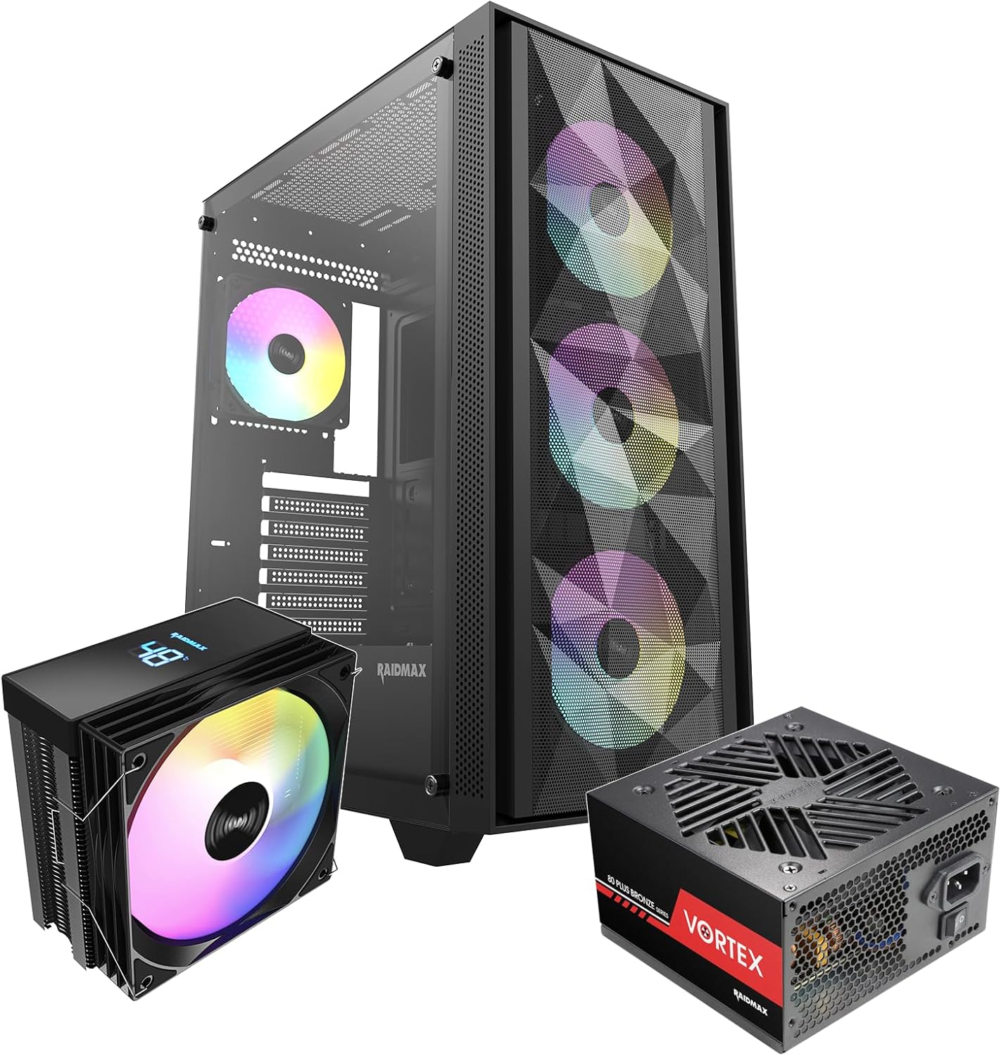RAIDMAX V ARGB ATX Mid Tower Gaming Bundle, Mesh High-Airflow Front Panel, 4X 120mm ARGB Fans, Tempered Glass Side Panel, Includes 700W PSU & Digital Temperature Display Air Cooler (V217BF Bundle)