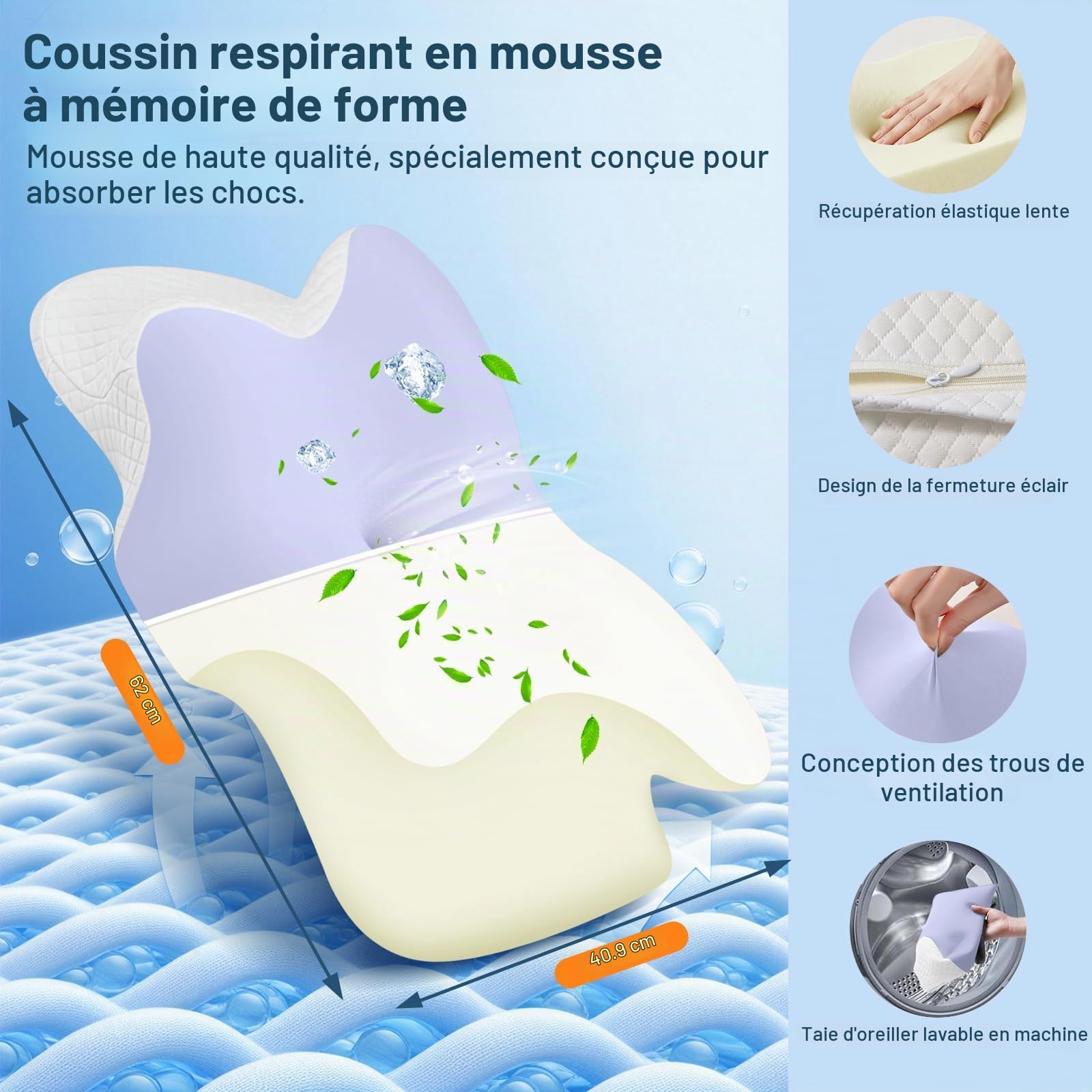 Oreiller Ergonomique Cervical à Mémoire de Forme, 2 en 1 avec Hauteur Réglable, Housse Lavable, Oreiller Memoire Forme Idéal pour Dormir, 62 x 41 x 13/11 cm—Violet Clair